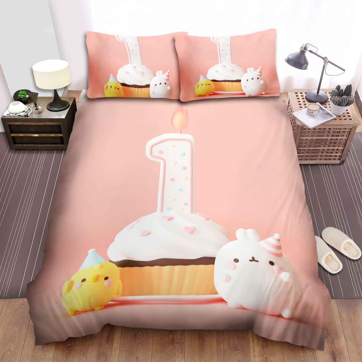 Molang 1 Year Old Birthday Decorative Bedding Sets with Duvet Cover, Flatsheet, Pillowcases