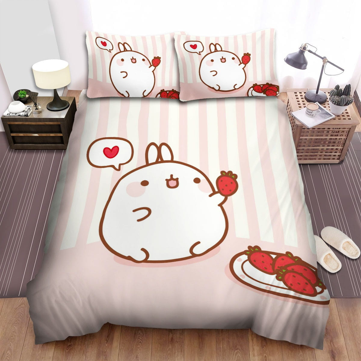 Molang Eating Strawberry Bedding Sets, Flatsheet Gift For Christmas, Thanksgiving, Halloween