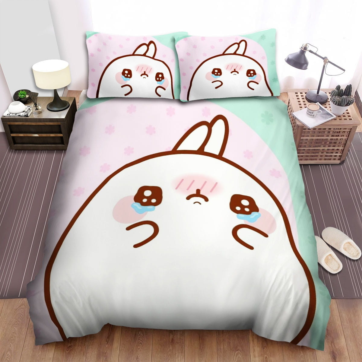 Molang Crying Bedding Sets, Flatsheet Gift For Christmas, Thanksgiving, Halloween