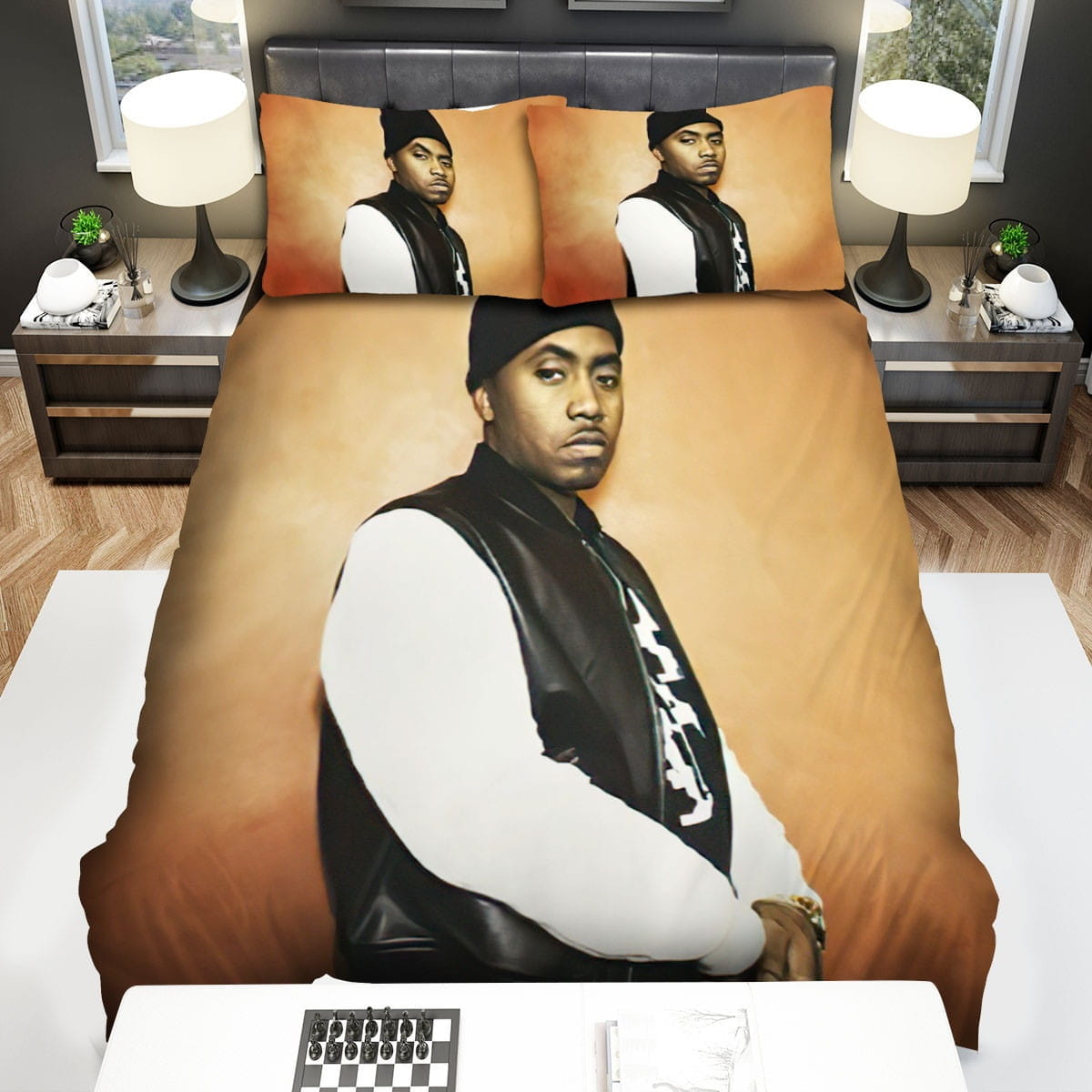 Nas Wearing Black Beanie Bedding Sets Duvet Cover, Flatsheet, Pillowcases Perfect Gift For Fans