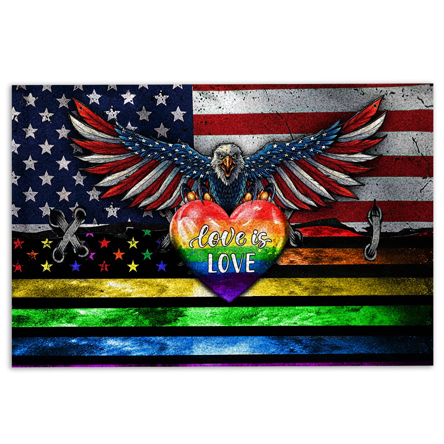 Lgbt Rubber Doormat, Lgbt Support Lgbtq Pride Month Eagle American Rainbow Flag Heart Welcome Doormat, Indoor Outdoor Door Mat, Home Decor