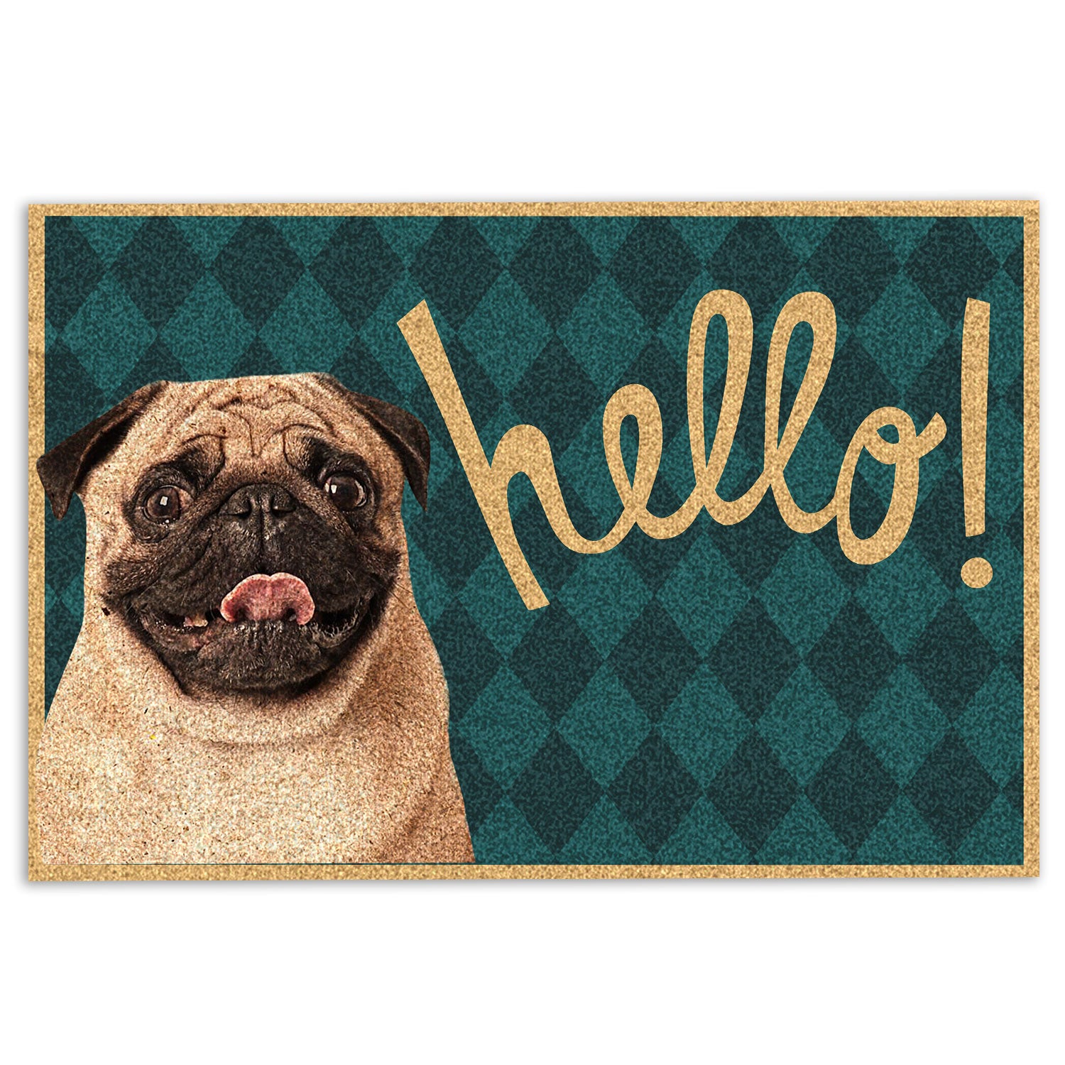 Pug Rubber Doormat, Funny Pug Hello Unique Gift For Dog Lover Viridian Green Welcome Doormat, Indoor Outdoor Door Mat, Home Decor