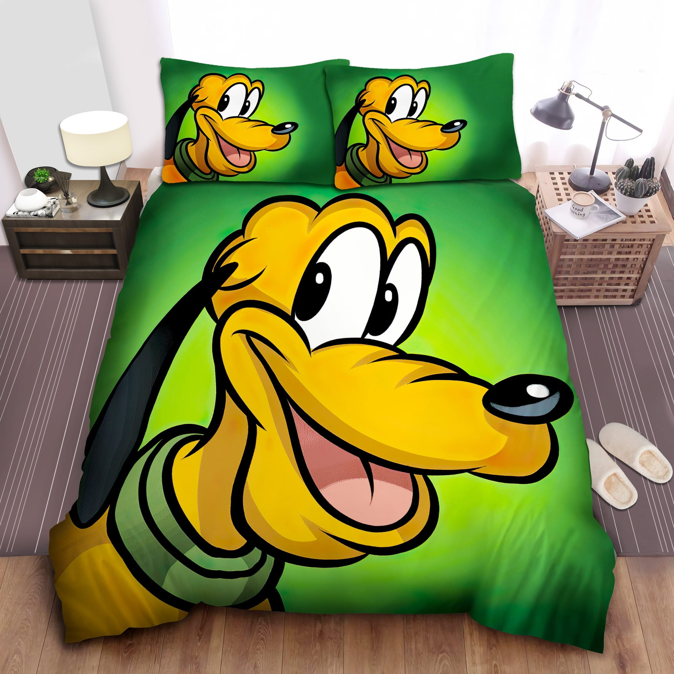 Pluto Dog Green Background Bedding Sets Duvet Cover, Flatsheet, Pillowcase For Your Lover