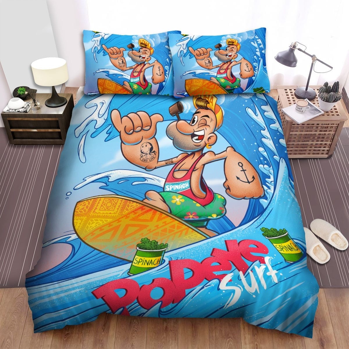 Popeye Surfing Artwork Bedding Sets, Flatsheet Gift For Wife, Husband, Besties