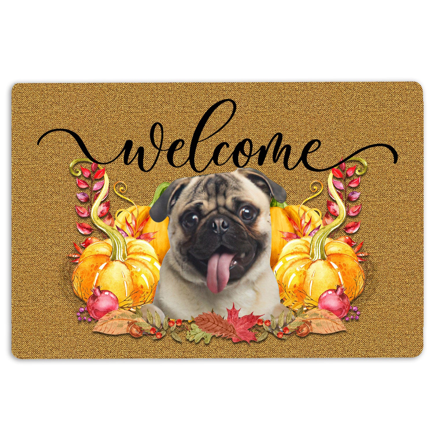Pug Rubber Doormat, Pumpkin Spice Pug Dog Welcome Fall Autumn Welcome Doormat, Indoor Outdoor Door Mat, Home Decor