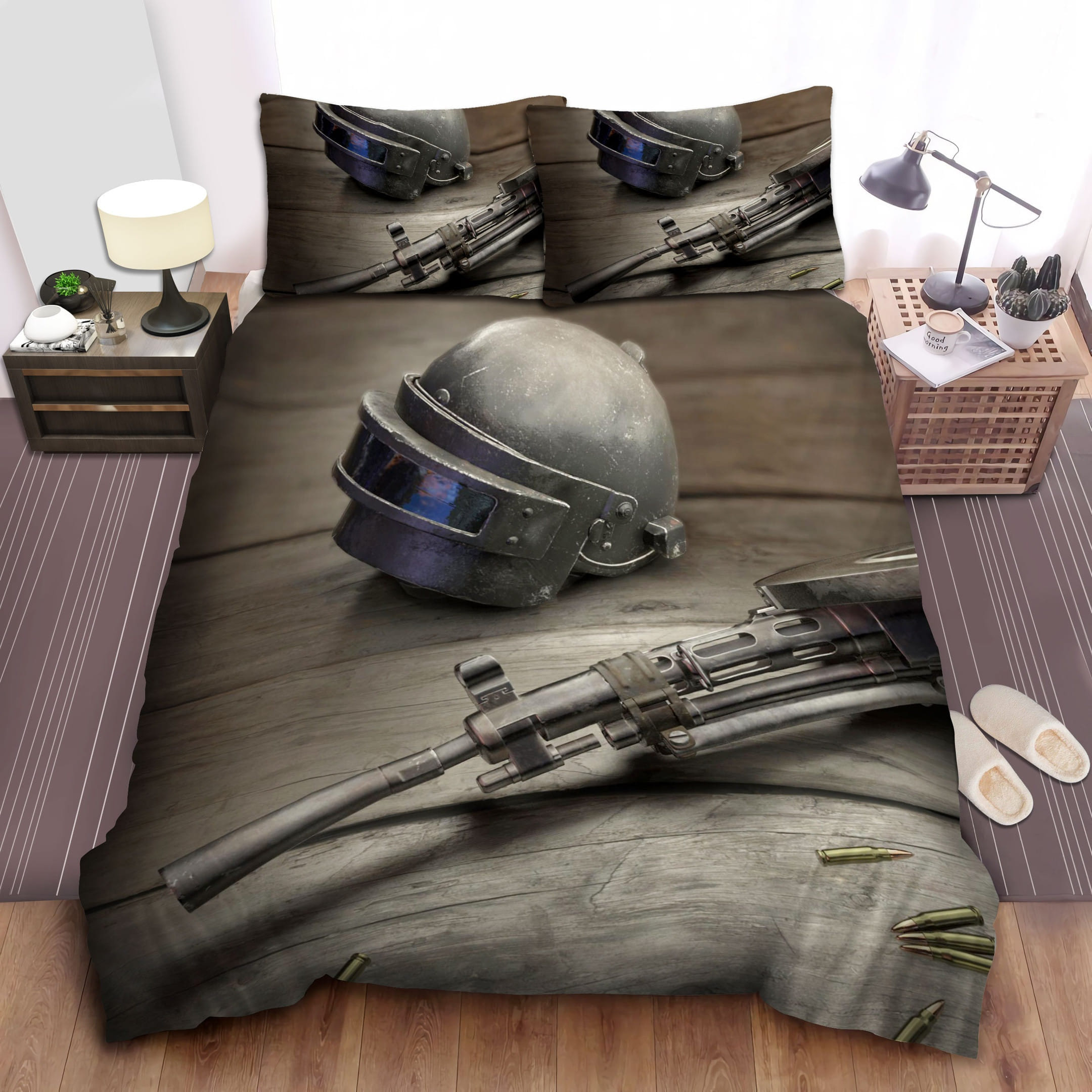 Pubg Helmet And Gun Decorative Bedding Sets with Duvet Cover, Flatsheet, Pillowcases