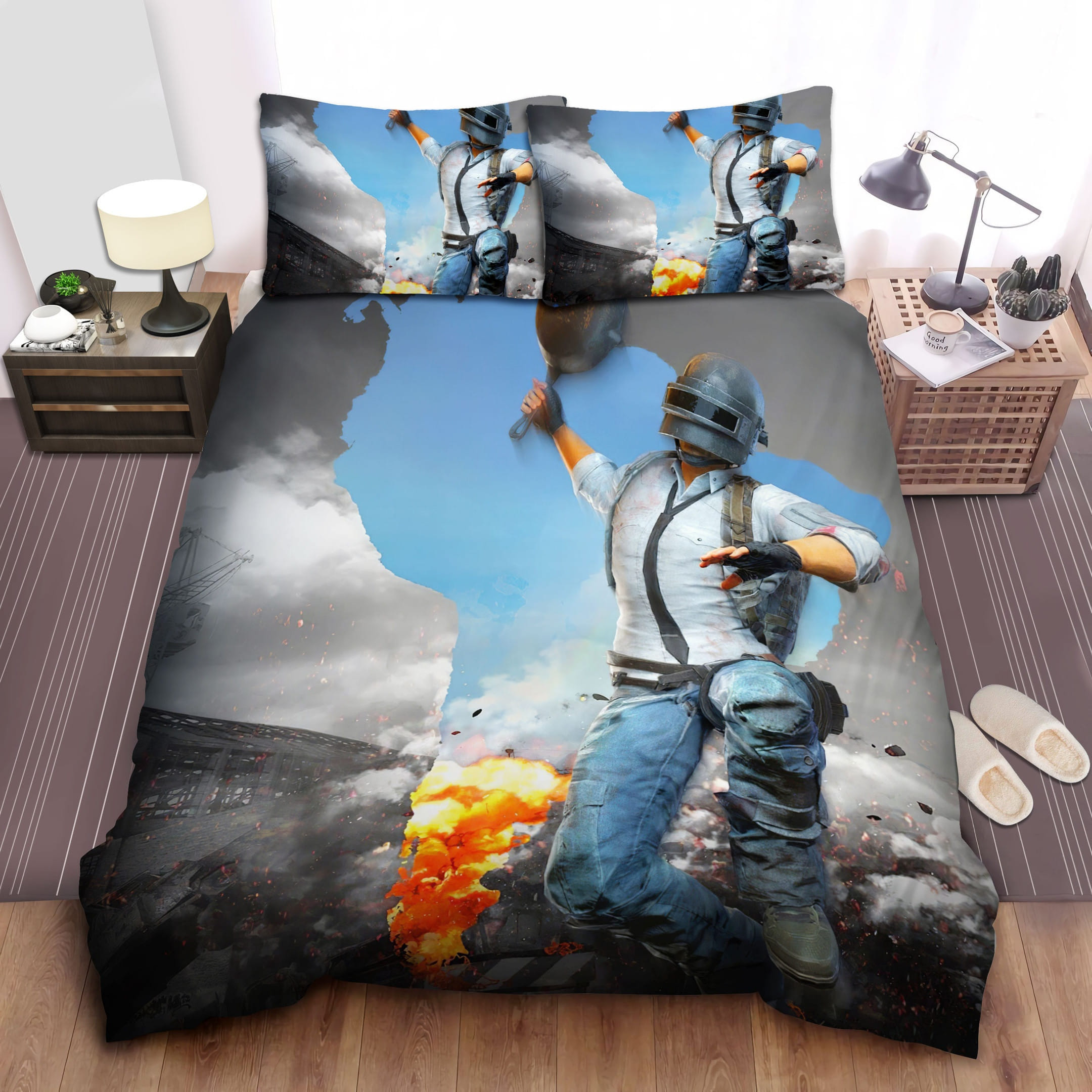 Pubg Helmet Guy And Pan Bedding Sets Duvet Cover, Flatsheet, Pillowcases For Every Bedroom