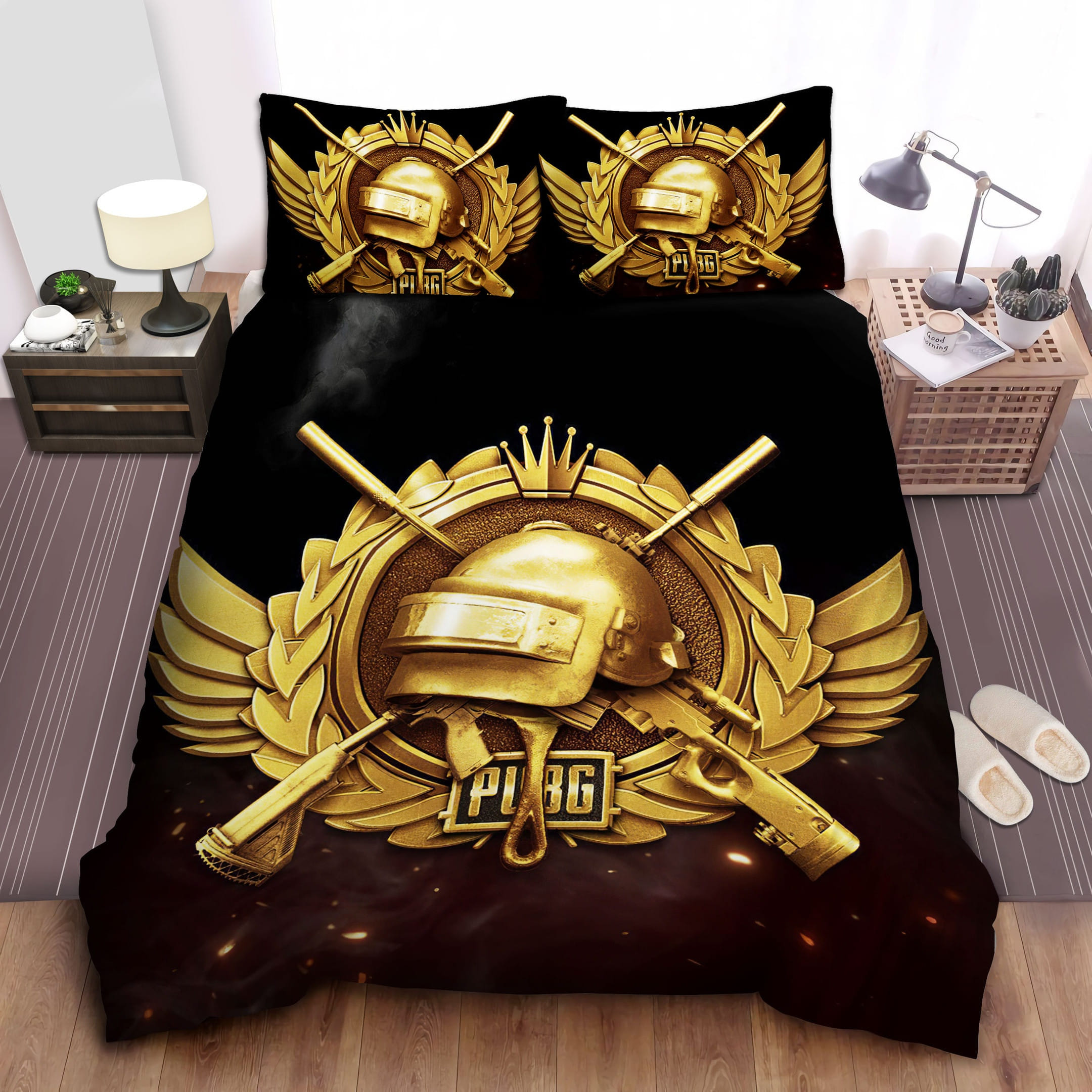 Pubg Flaming Golden Logo Bedding Sets, Flatsheet Gift For Wife, Husband, Besties
