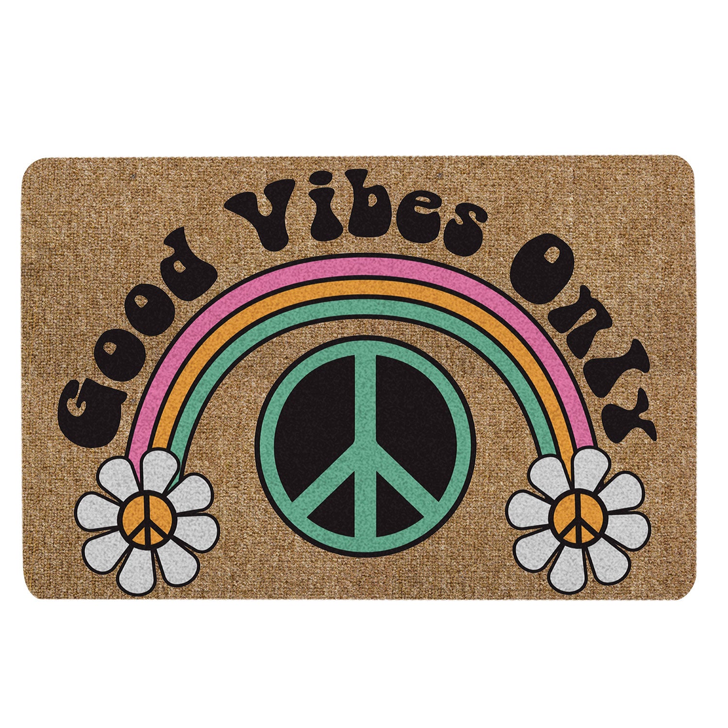 Hippie Rubber Doormat, Hippie Peace Sign Good Vibes Only Daisy Flower Brown Welcome Doormat, Indoor Outdoor Door Mat, Home Decor
