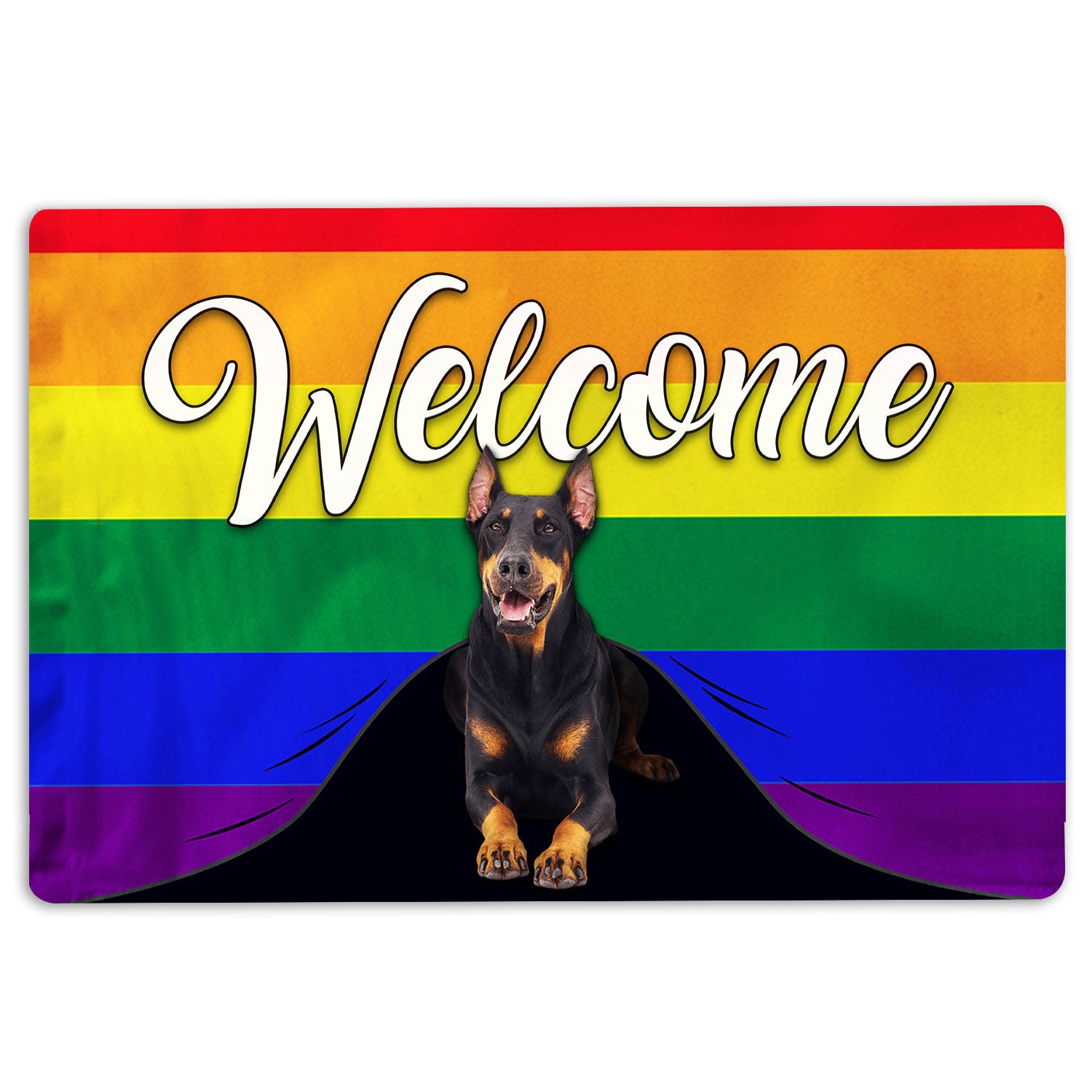 Lgbt Rubber Doormat, Lgbt Dobermann Dog Welcome Pride Rainbow Flag Welcome Doormat, Indoor Outdoor Door Mat, Home Decor