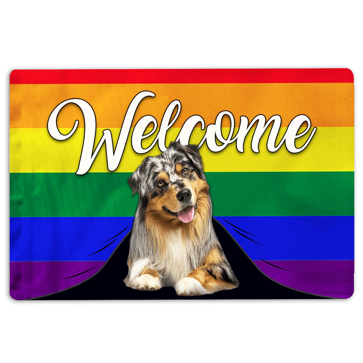 Lgbt Rubber Doormat, Lgbt Australian Shepherd Dog Welcome Pride Rainbow Flag Welcome Doormat, Indoor Outdoor Door Mat, Home Decor