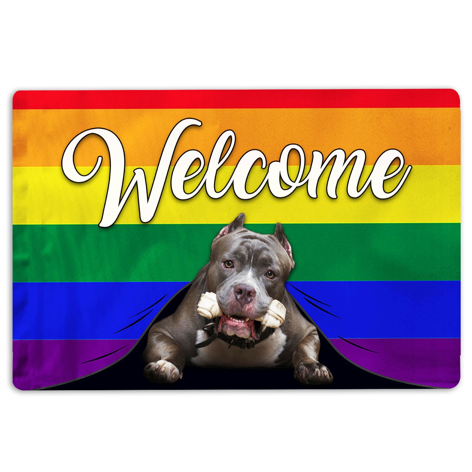 Pitbull Rubber Doormat, Lgbt Pitbull Dog Welcome Pride Rainbow Flag Welcome Doormat, Indoor Outdoor Door Mat, Home Decor