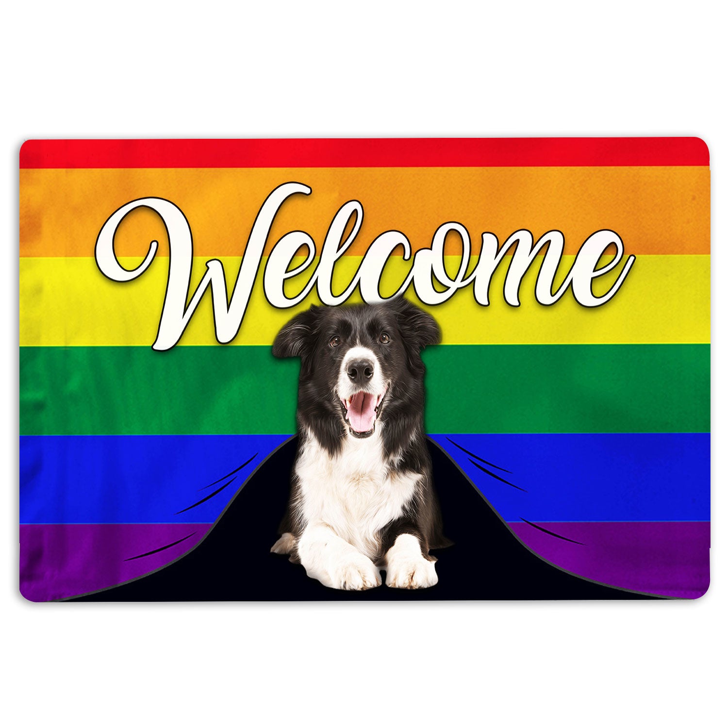 Lgbt Rubber Doormat, Lgbt Border Collie Dog Welcome Pride Rainbow Flag Welcome Doormat, Indoor Outdoor Door Mat, Home Decor