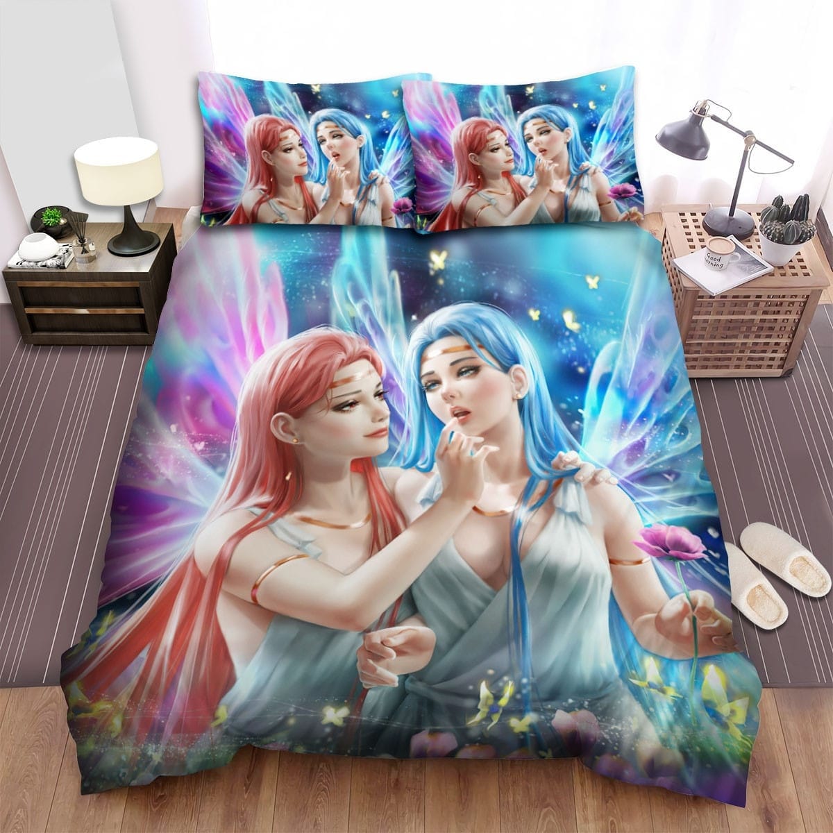 Red & Blue Fairies Artwork Bedding Sets Duvet Cover, Flatsheet, Pillowcase For Your Lover