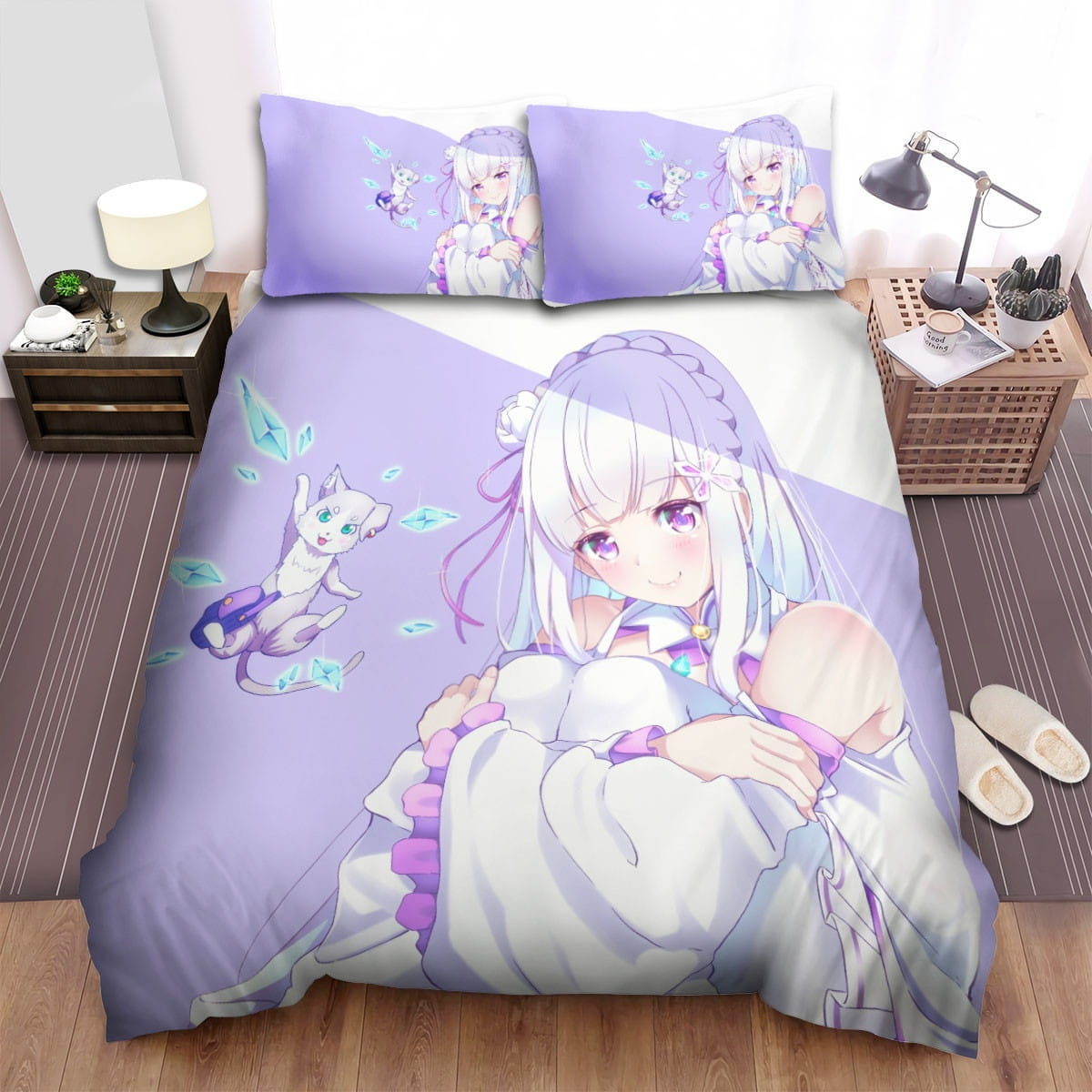 Re:Zero Emilia And The Cat Bedding Sets Duvet Cover, Flatsheet, Pillowcase For Your Lover