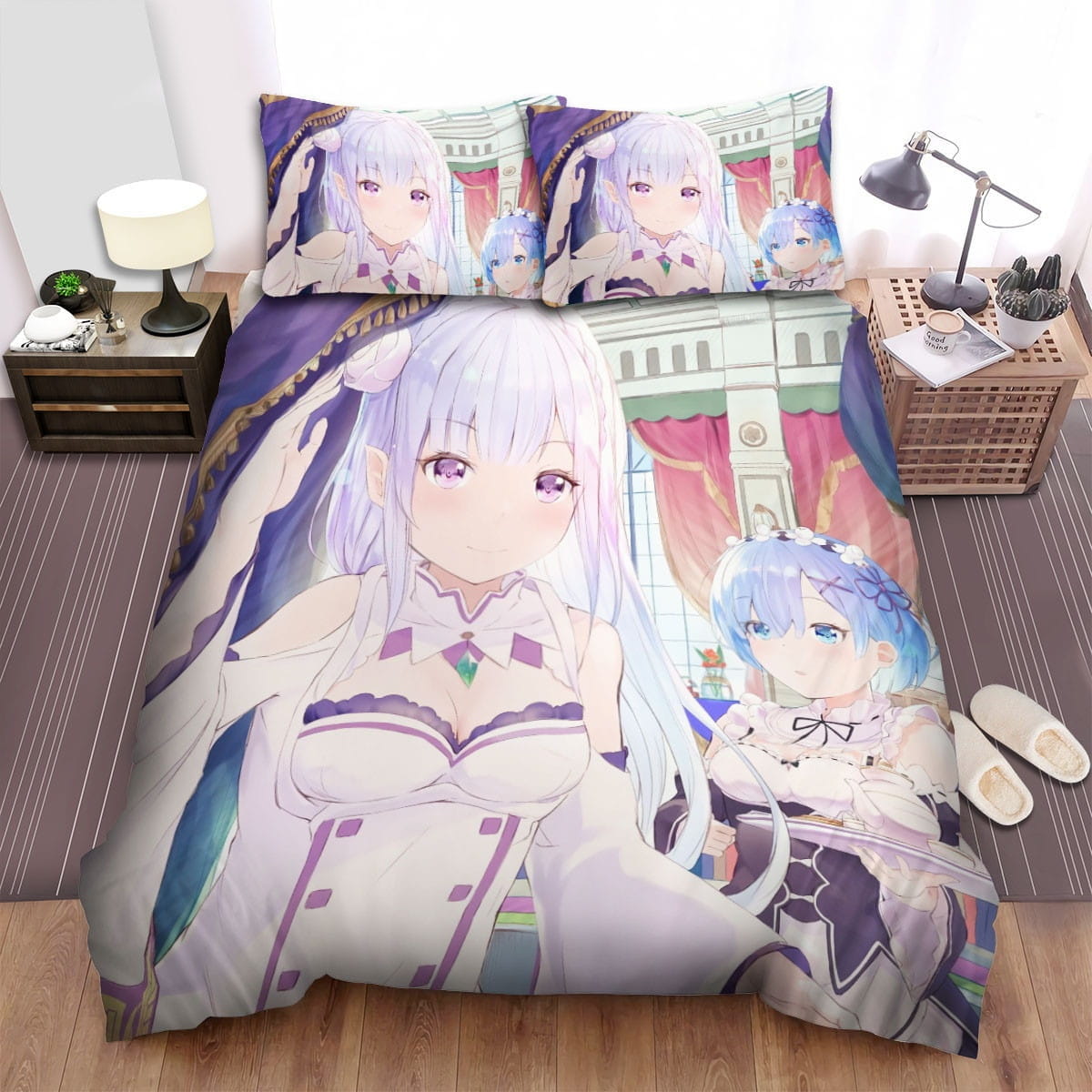 Re:Zero Emilia And Rem Decorative Bedding Sets with Duvet Cover, Flatsheet, Pillowcases