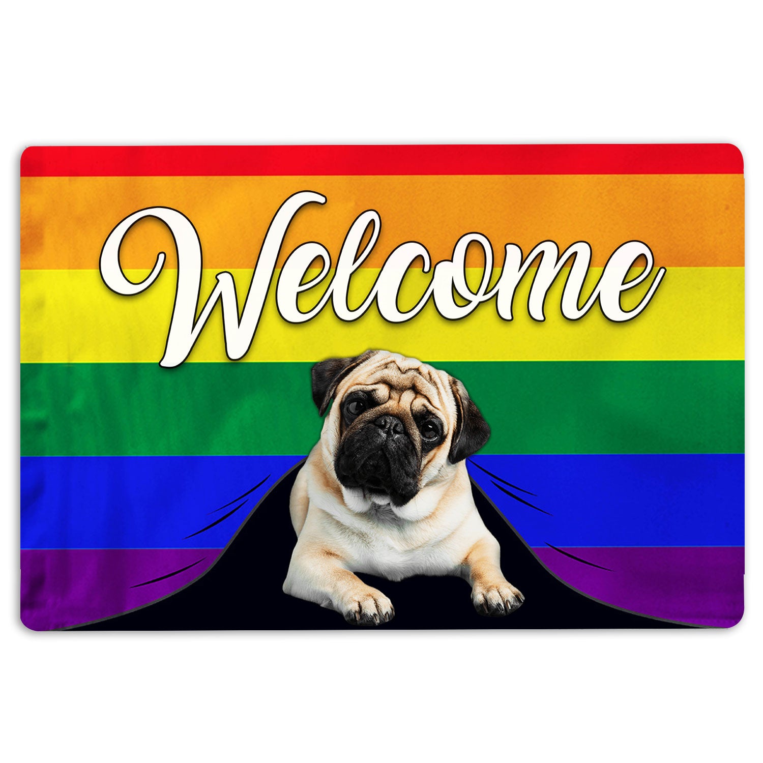 Pug Rubber Doormat, Lgbt Pug Dog Welcome Pride Rainbow Flag Welcome Doormat, Indoor Outdoor Door Mat, Home Decor