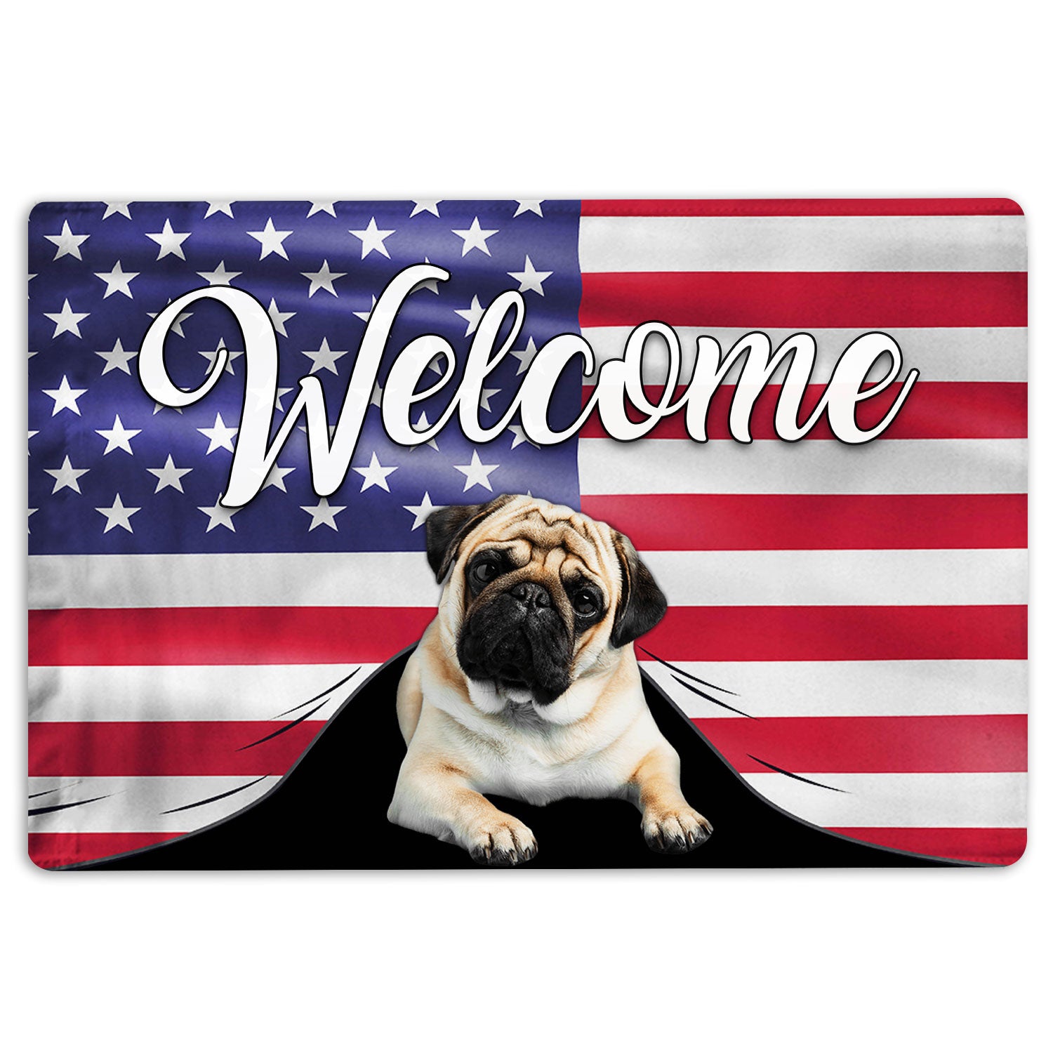 Pug Rubber Doormat, Funny Pug Dog Welcome American Flag Usa Patriotic Welcome Doormat, Indoor Outdoor Door Mat, Home Decor