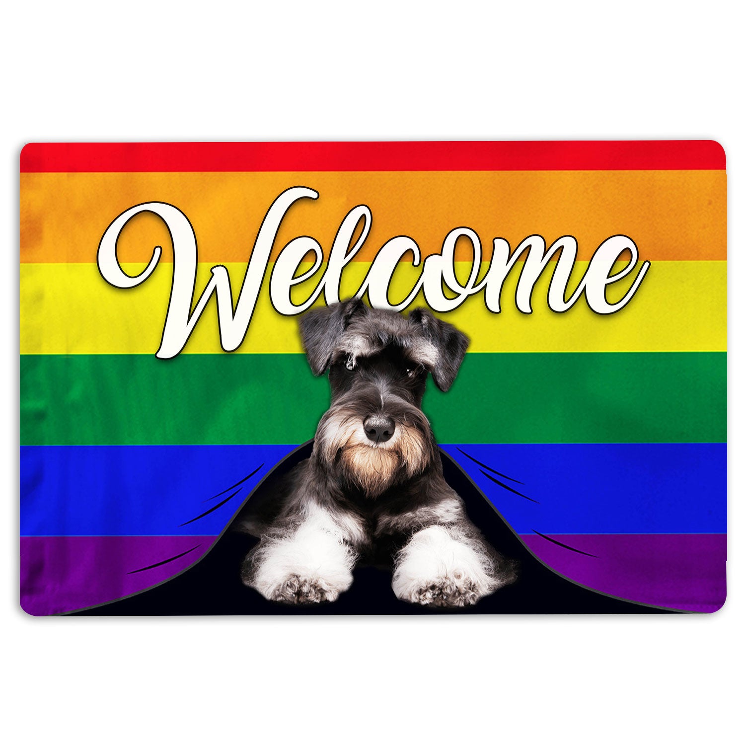Lgbt Rubber Doormat, Lgbt Miniature Schnauzer Dog Welcome Pride Rainbow Flag Welcome Doormat, Indoor Outdoor Door Mat, Home Decor