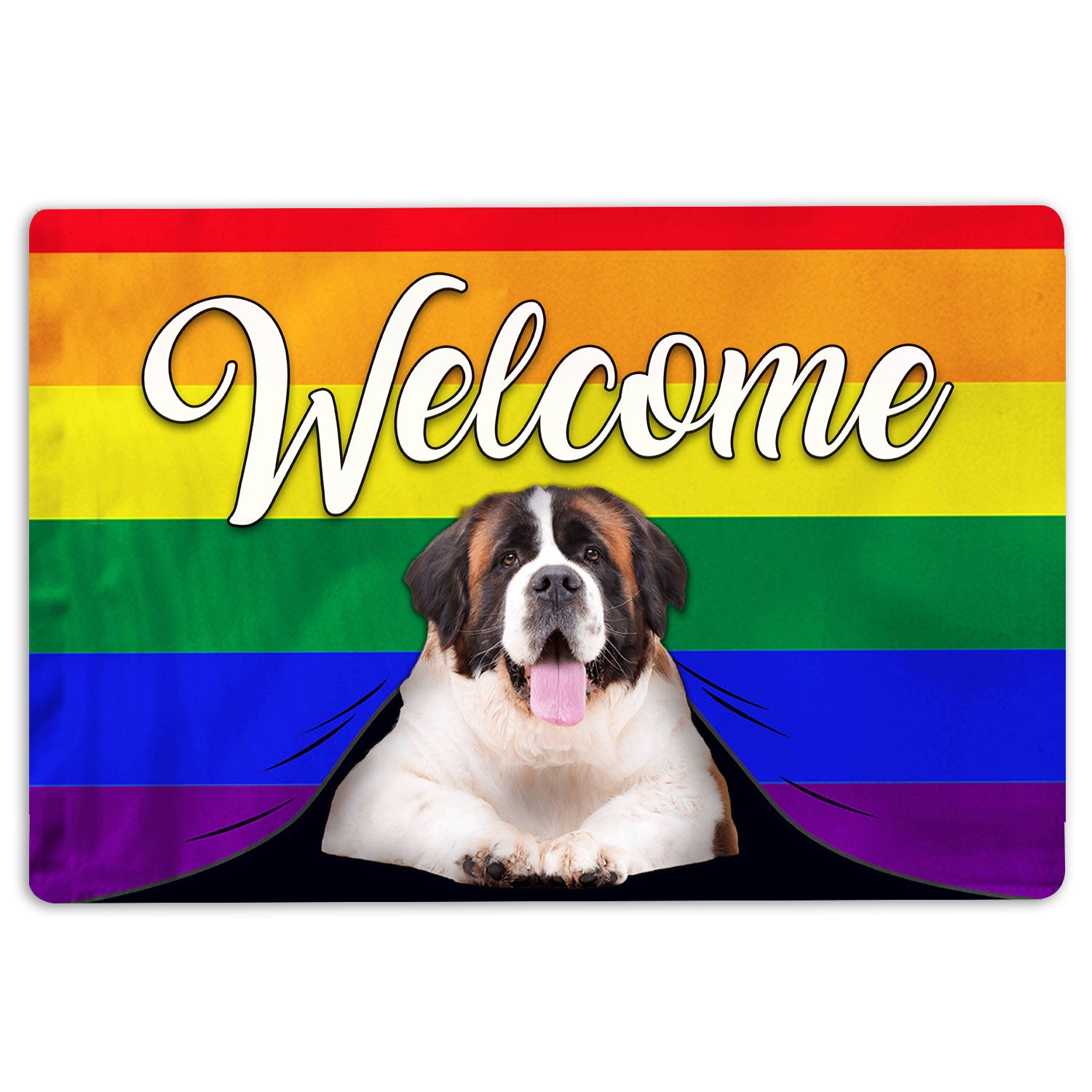 Lgbt Rubber Doormat, Lgbt Saint Bernard Dog Welcome Pride Rainbow Flag Welcome Doormat, Indoor Outdoor Door Mat, Home Decor
