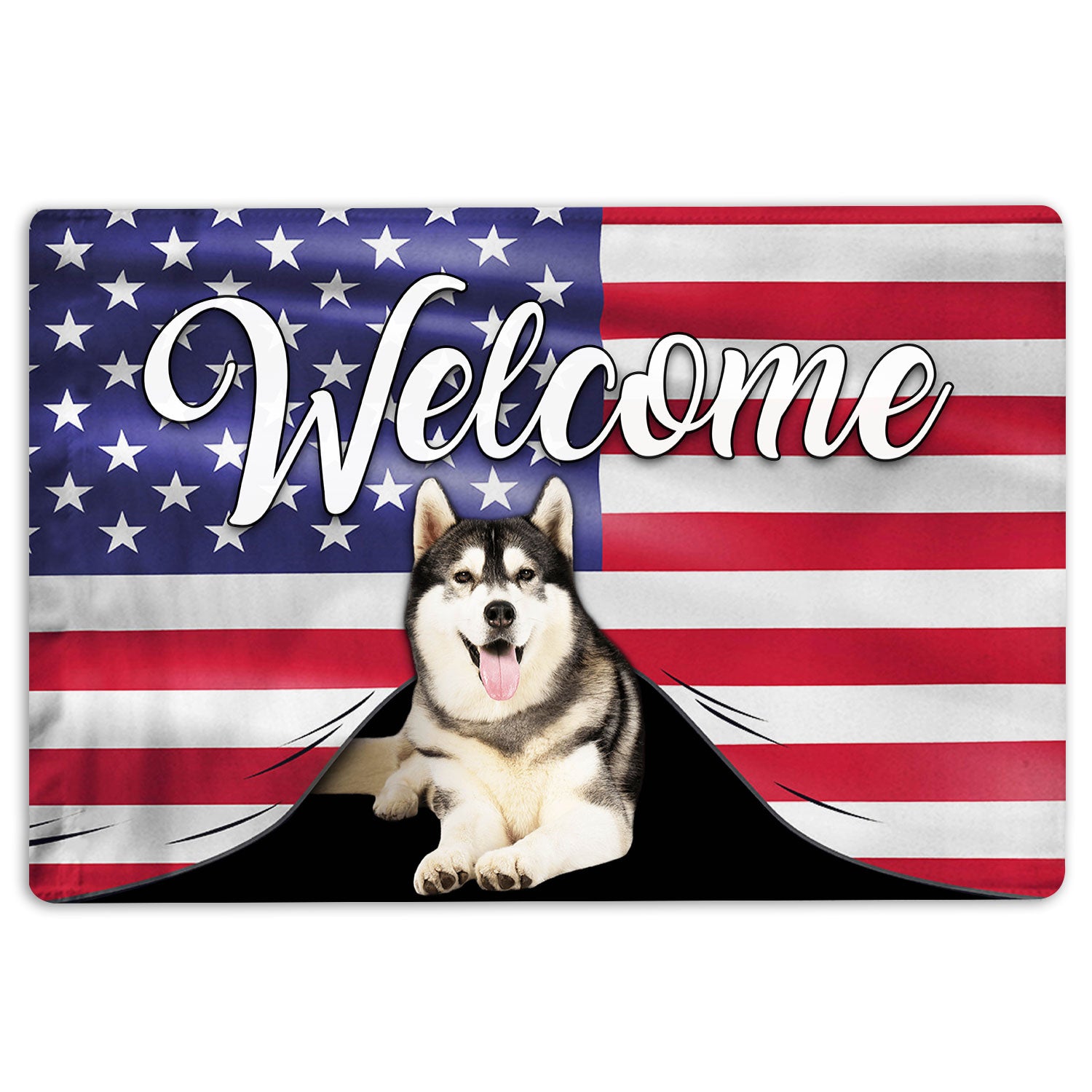 Husky Rubber Doormat, Funny Husky Sibir Dog Welcome American Flag Usa Patriotic Welcome Doormat, Indoor Outdoor Door Mat, Home Decor