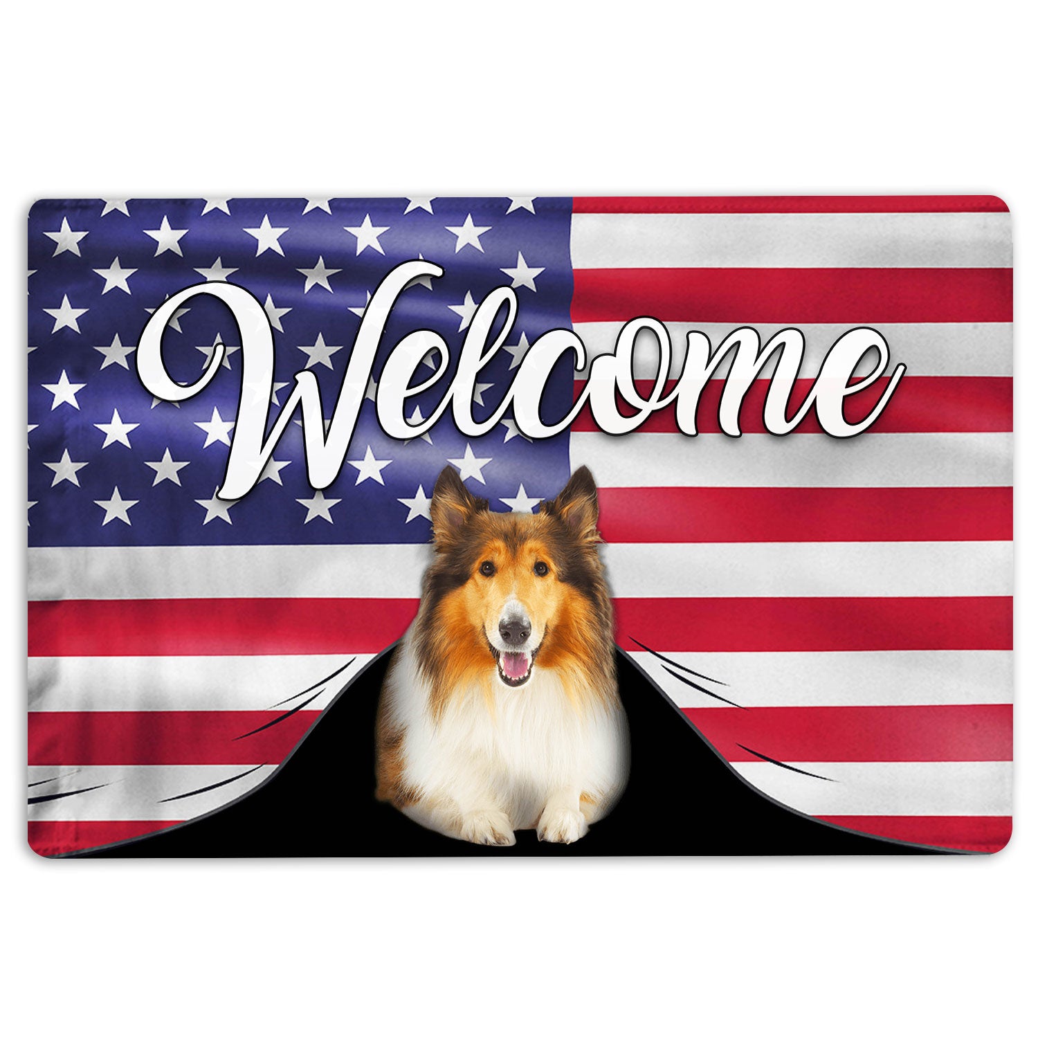 Rough Collie Rubber Doormat, Funny Rough Collie Dog Welcome American Flag Usa Patriotic Welcome Doormat, Indoor Outdoor Door Mat, Home Decor