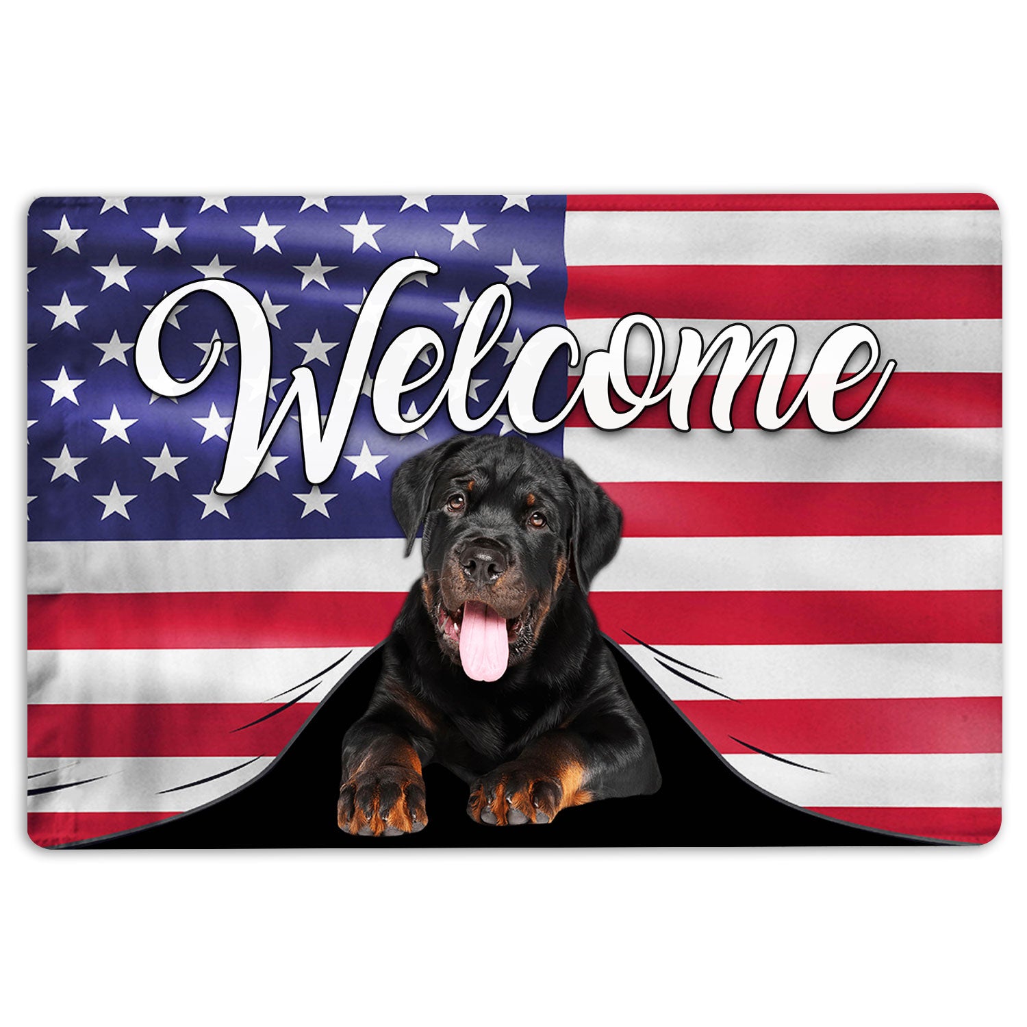 Rottweiler Rubber Doormat, Funny Rottweiler Dog Welcome American Flag Usa Patriotic Welcome Doormat, Indoor Outdoor Door Mat, Home Decor