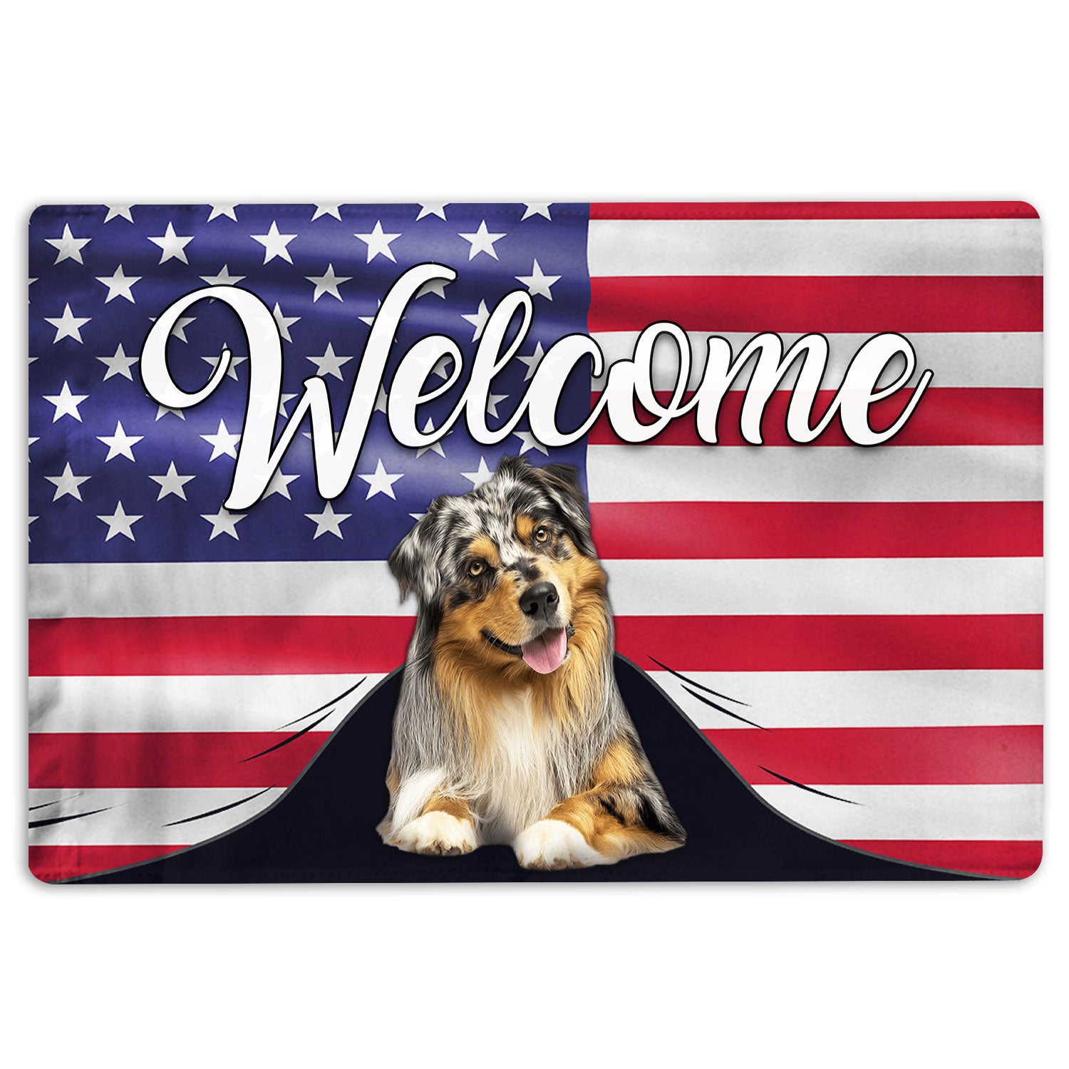 Australian Shepherd Rubber Doormat, Funny Australian Shepherd Dog Welcome American Flag Us Patriotic Welcome, Indoor Outdoor Door Mat, Home Decor