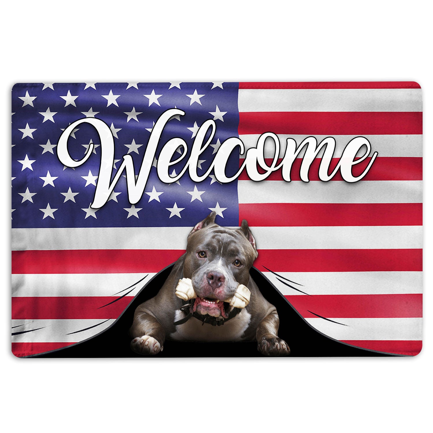 Pitbull Rubber Doormat, Funny Pitbull Dog Welcome American Flag Usa Patriotic Patriotic Welcome Doormat, Indoor Outdoor Door Mat, Home Decor