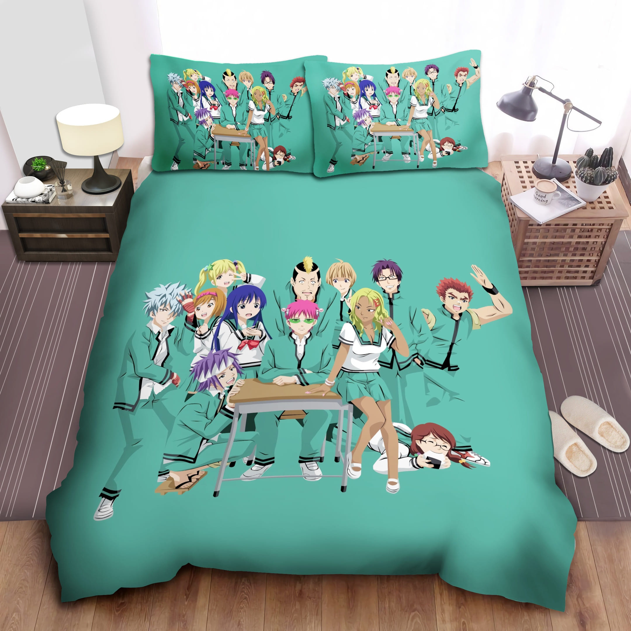 Saiki-K Green Background Bedding Sets Duvet Cover Flatsheet Gift For Christmas Thanksgiving Halloween