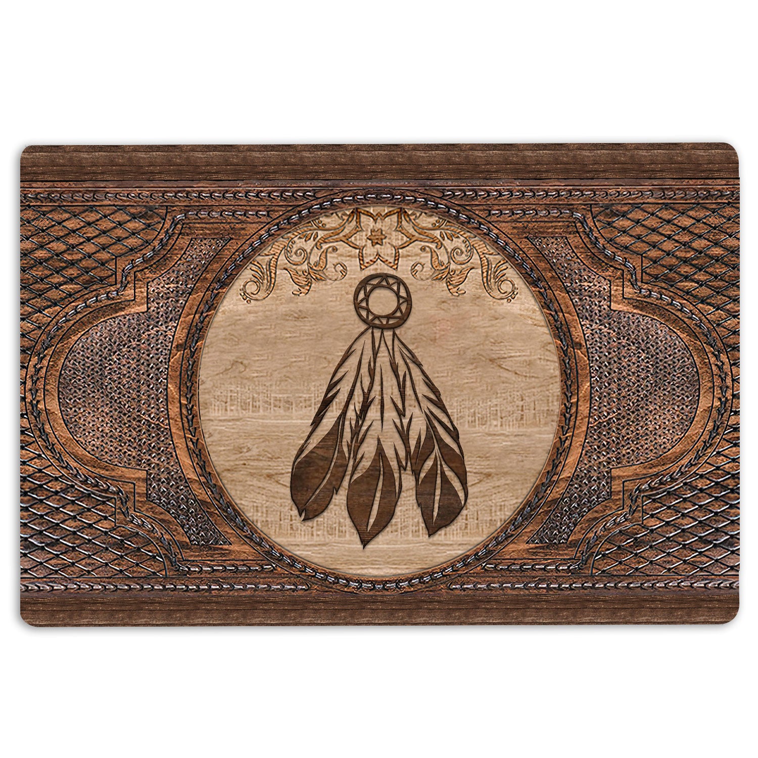 Native American Rubber Doormat, Native American Feather Indigenous Us Indian Sculpture Wood Welcome Doormat, Indoor Outdoor Door Mat, Home Decor