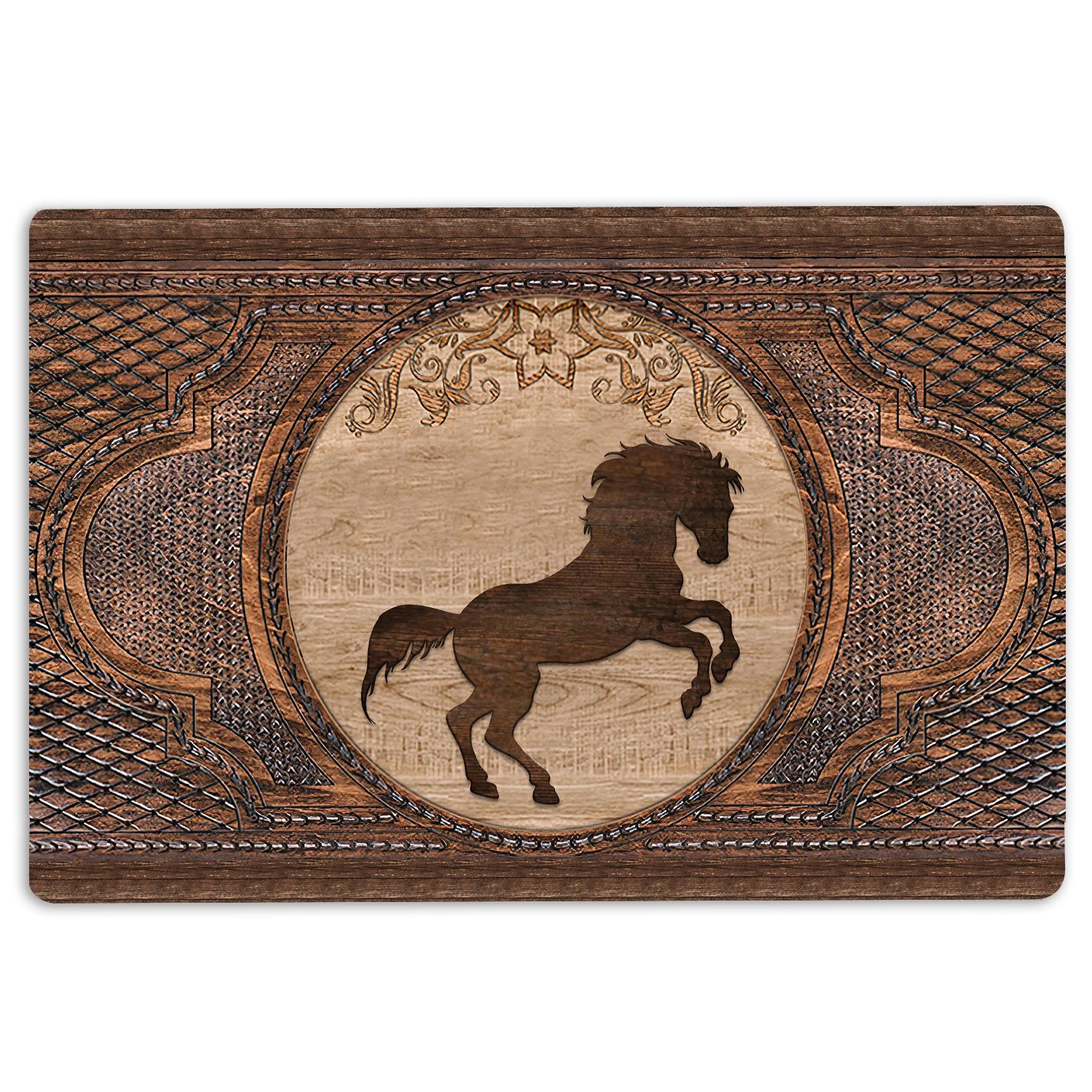 Horse Rubber Doormat, Horse Sculpture Wood Pattern Horse Lovers Welcome Doormat, Indoor Outdoor Door Mat, Home Decor