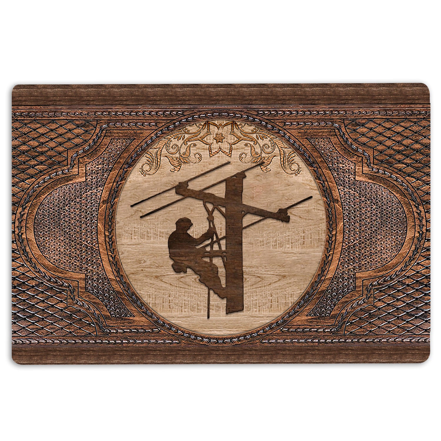 Lineman Rubber Doormat, American Electrical Lineman Sculpture Wood Pattern Welcome Doormat, Indoor Outdoor Door Mat, Home Decor