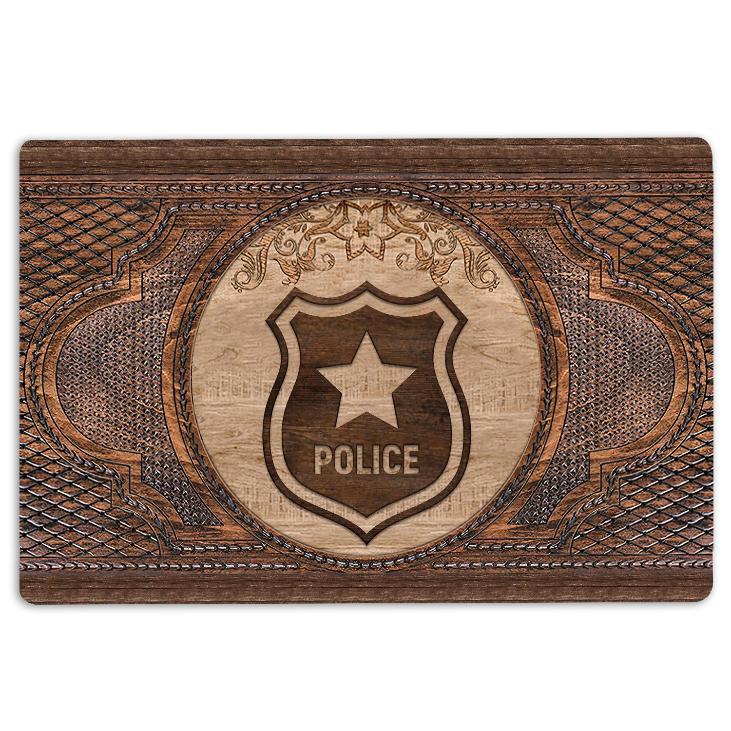 Police Rubber Doormat, Police Officer Blue Thin Line Sculpture Wood Pattern Welcome Doormat, Indoor Outdoor Door Mat, Home Decor