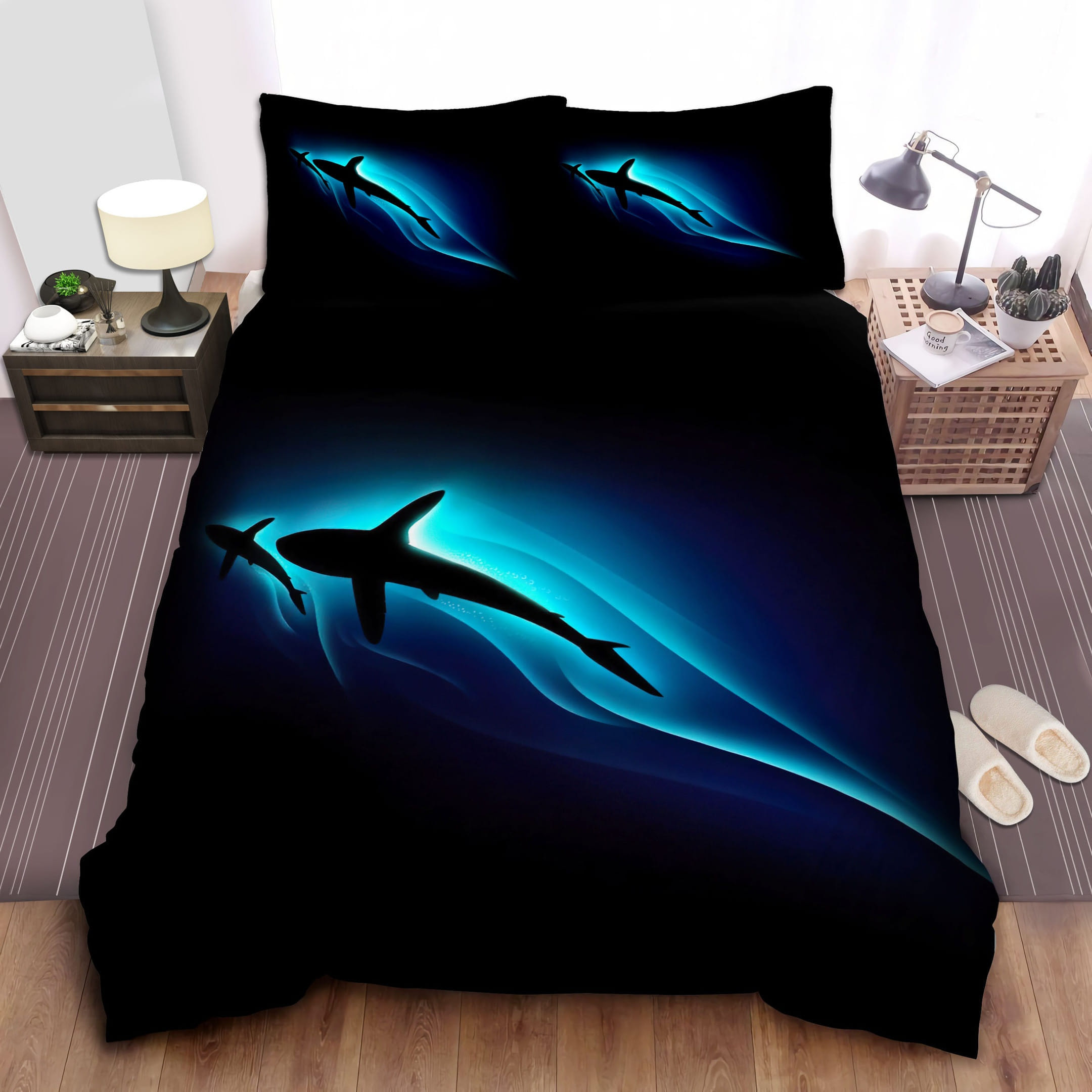 Silhouette Sharks Bedding Sets Duvet Cover Flatsheet Gift For Wife Husband Besties