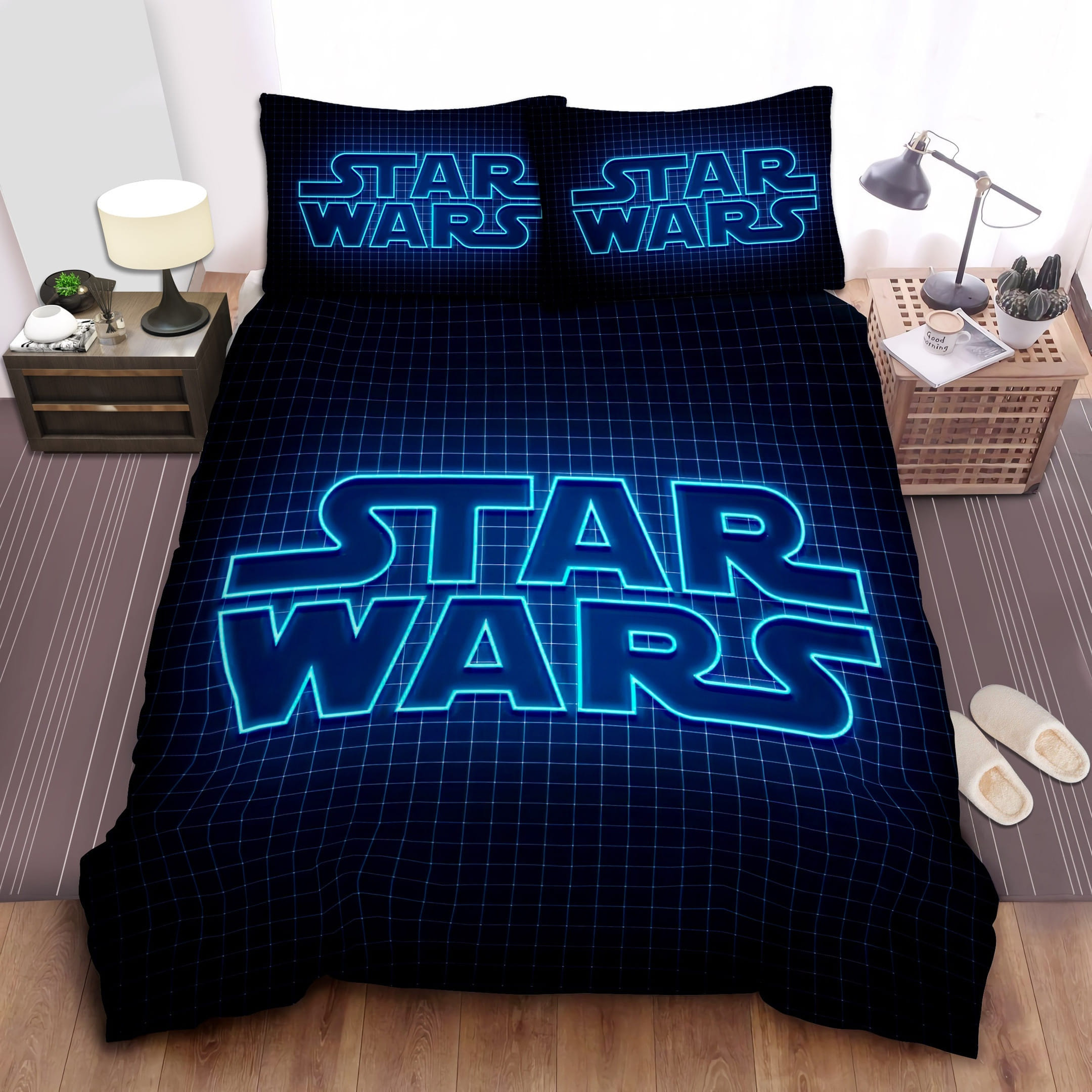 Star Wars Blue Neon Logo Decorative Bedding Sets with Duvet Cover Flatsheet Pillowcases