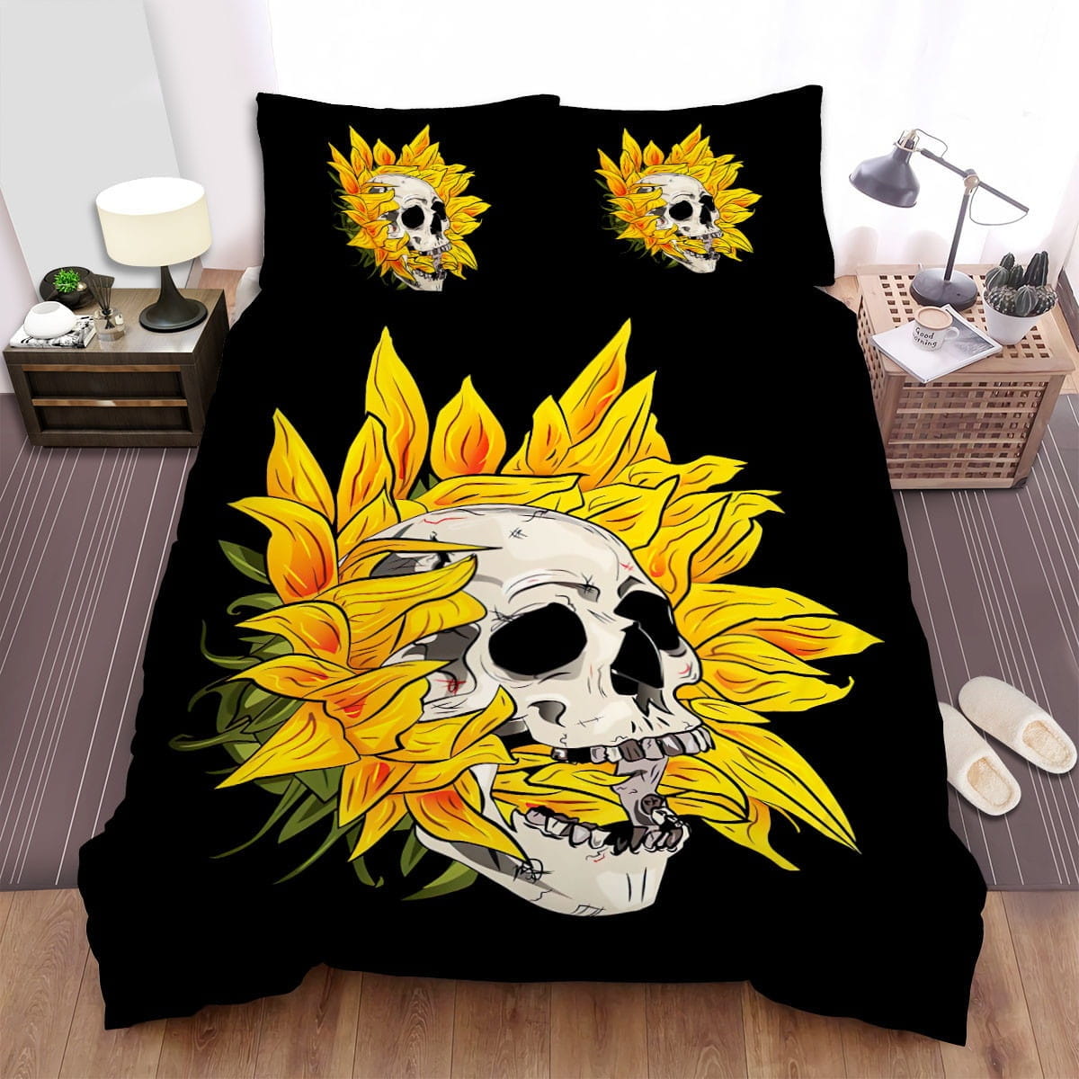 Sunflower And Skull Bedding Sets Duvet Cover Flatsheet Gift For Wife Husband Besties