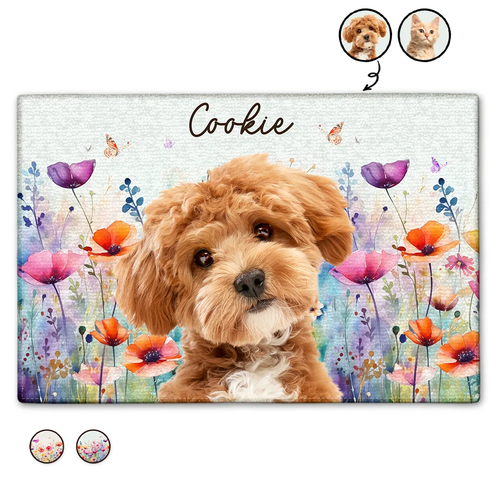 Custom Photo Dog Cat Watercolor Wildflowers Doormat
