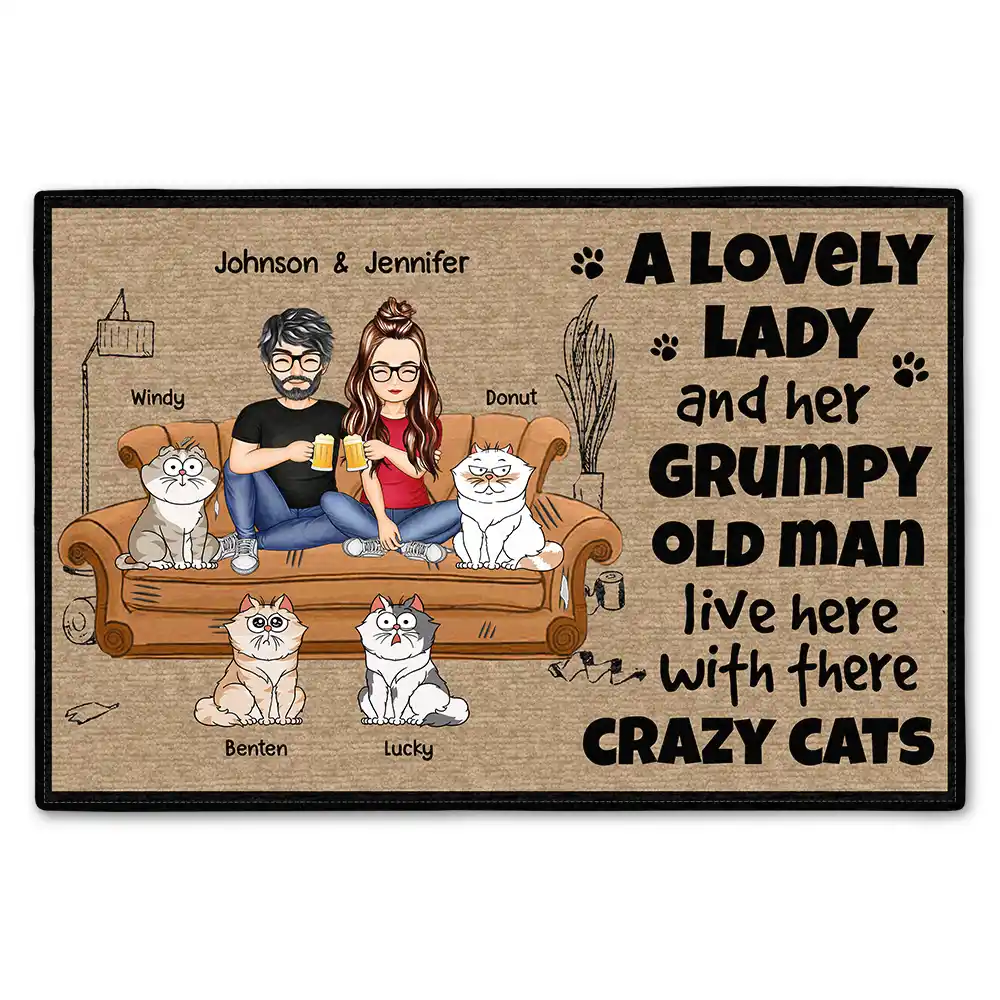 Lovely Lady And A Grumpy Old Man With Crazy Cats Doormat