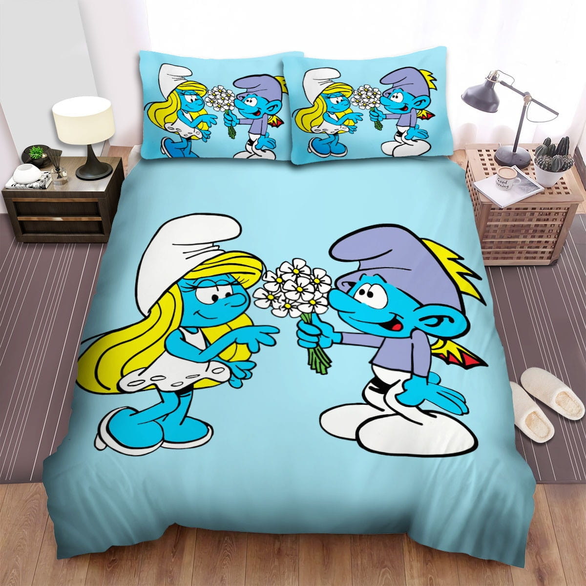 The Smurfs Give Flowers Bedding Sets Duvet Cover Flatsheet Gift For Christmas Thanksgiving Halloween