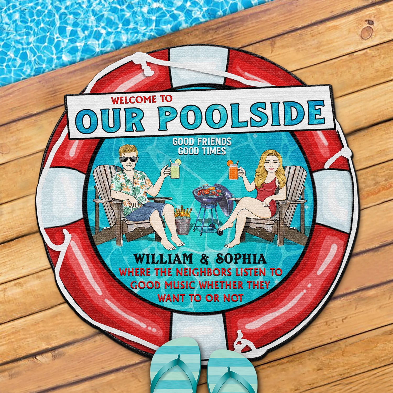 Poolside Grilling Listen To The Good Music Outdoor Decor For Couples, Swimming Pool Custom Shaped Doormat