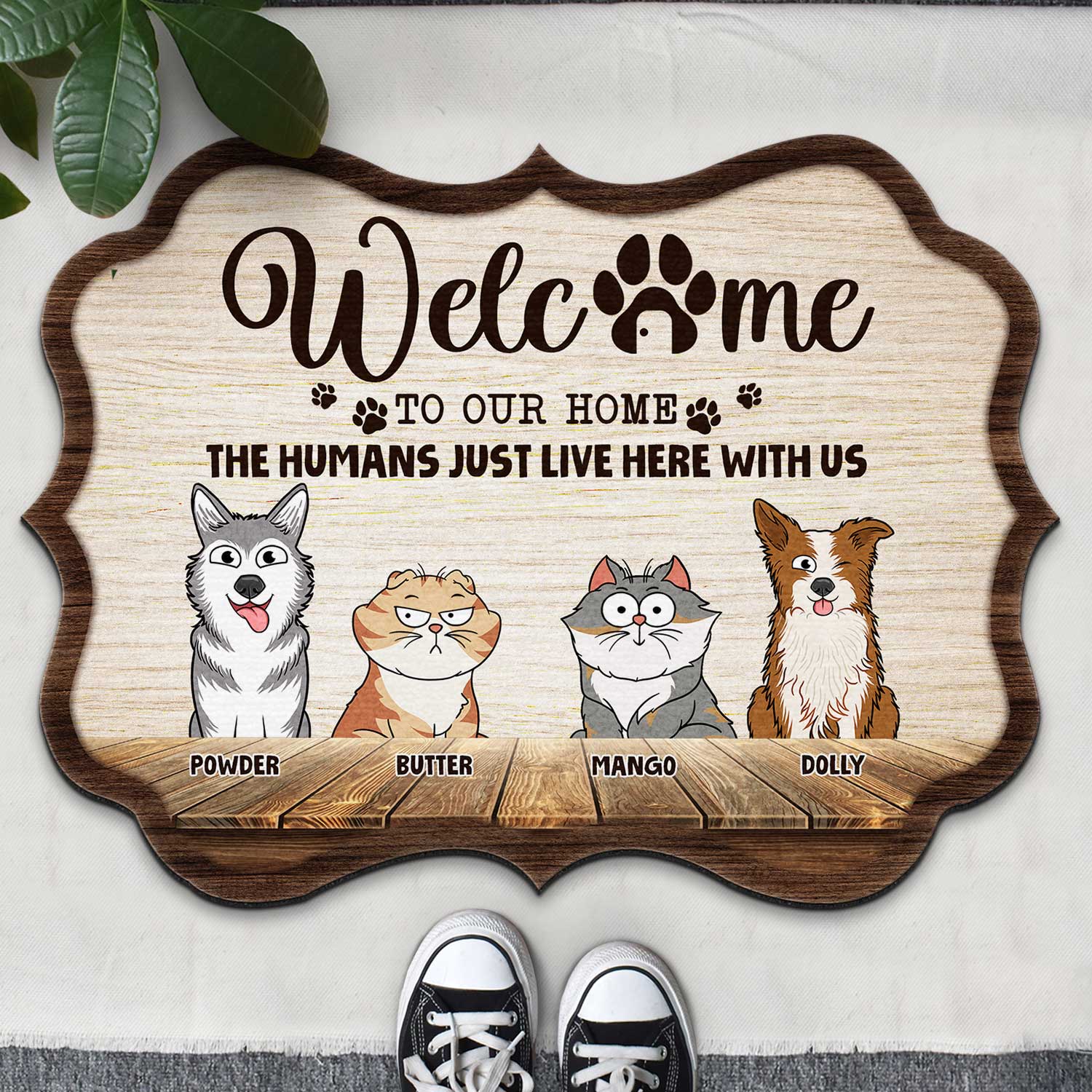 Humans Just Live Here With Us Funny Cartoon Dogs Cats Gift For Pet Lovers Custom Shaped Doormat