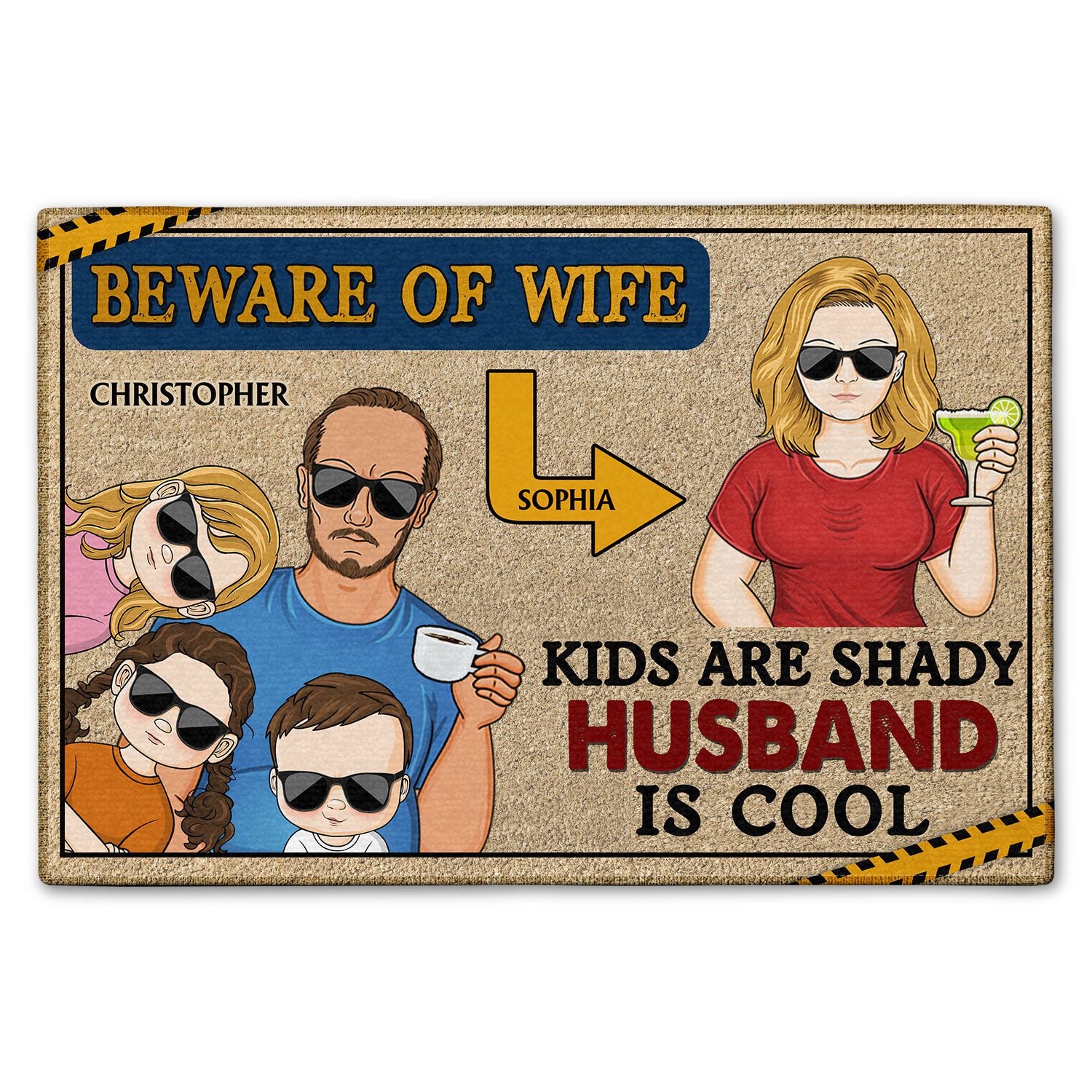 Husband Is Cool Beware Of Wife, Couples With Kids Birthday, Loving Gift For Dad, Parents Custom Doormat