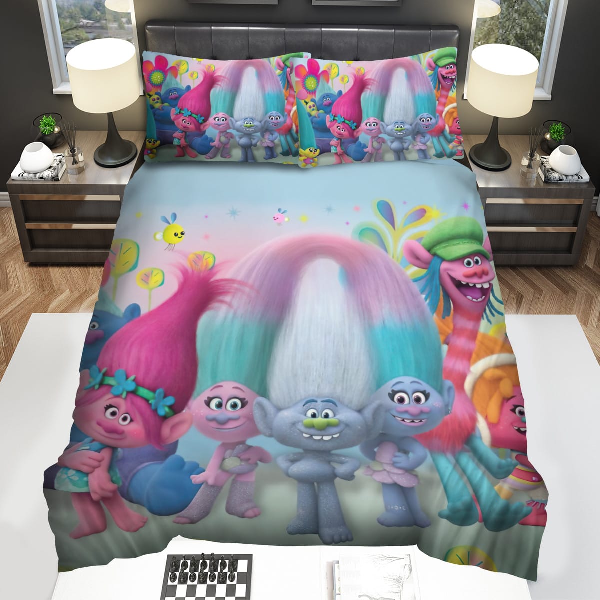 Trolls Characters With Flowers And Plants Decorative Bedding Sets For Fan