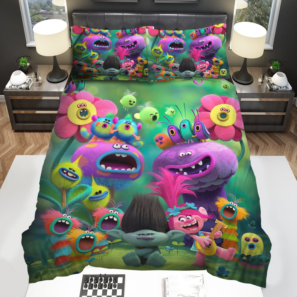 Trolls Poppy Singing With The Bugs And Flowers Decorative Bedding Sets with Duvet Cover Flatsheet Pillowcase
