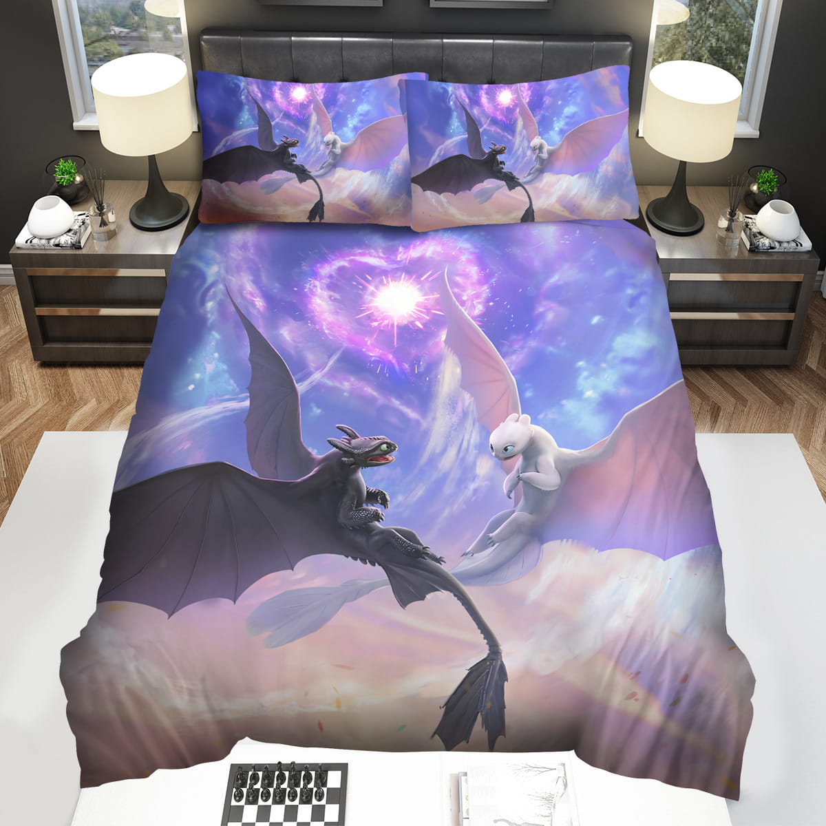 Toothless and Light Fury Flying Together Bedding Sets Gift For Christmas Thanksgiving Halloween