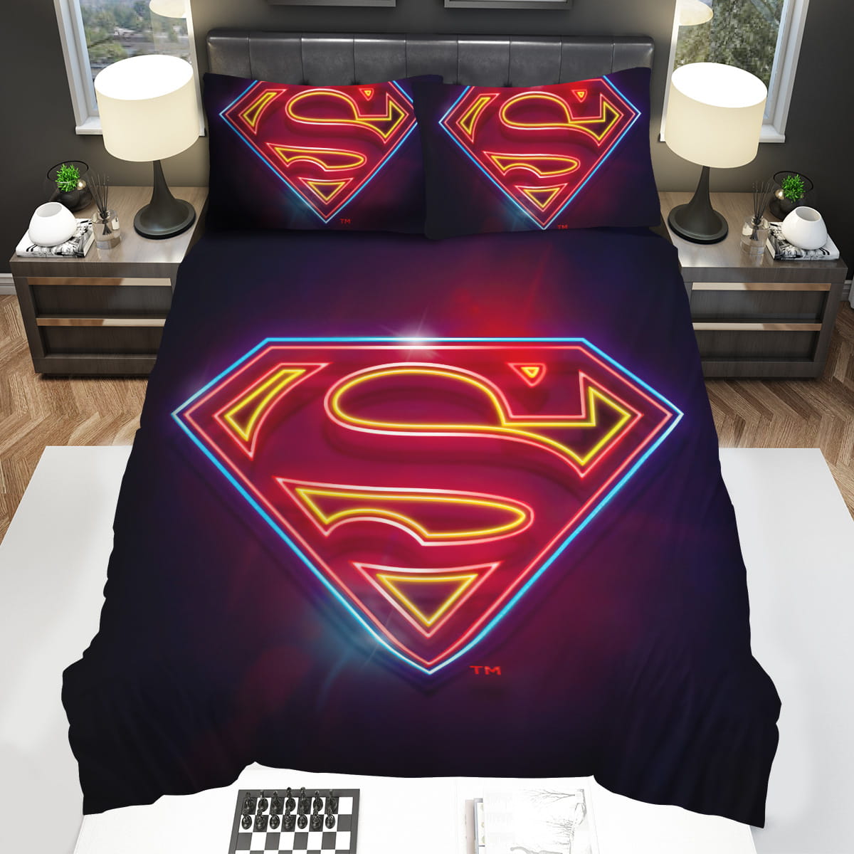 Superman Neon Symbols Of Hopes Decorative Bedding Sets with Duvet Cover Flatsheet Pillowcase