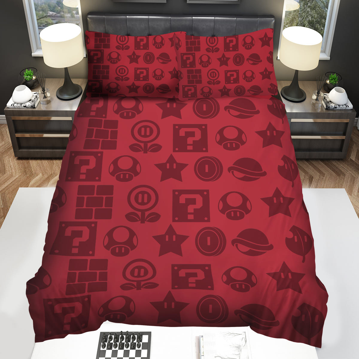 Super Mario Iconic Symbols On Red Bedding Sets Duvet Cover Flatsheet Pillowcase