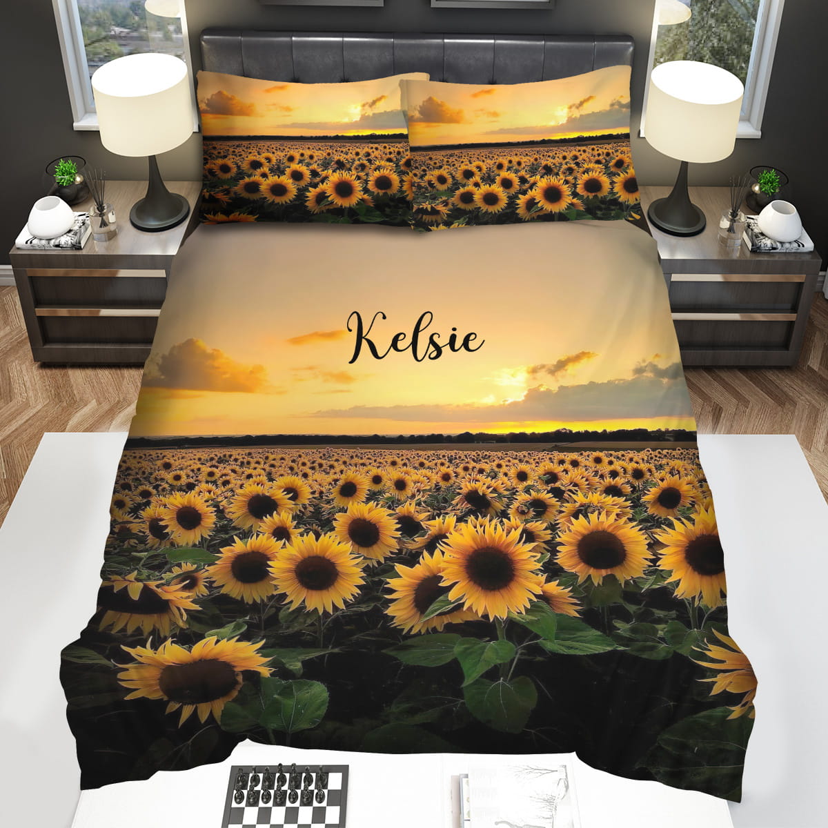 Sunset Sunflower Field Custom Name Decorative Bedding Sets For Fan
