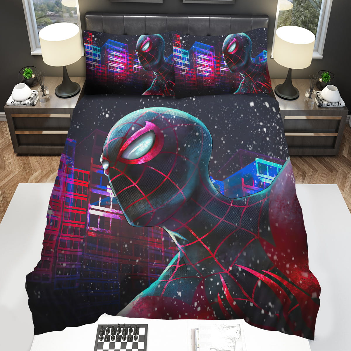 Spider Man Miles Morales In Neon Building Background Bedding Sets Gift For Christmas Thanksgiving Halloween